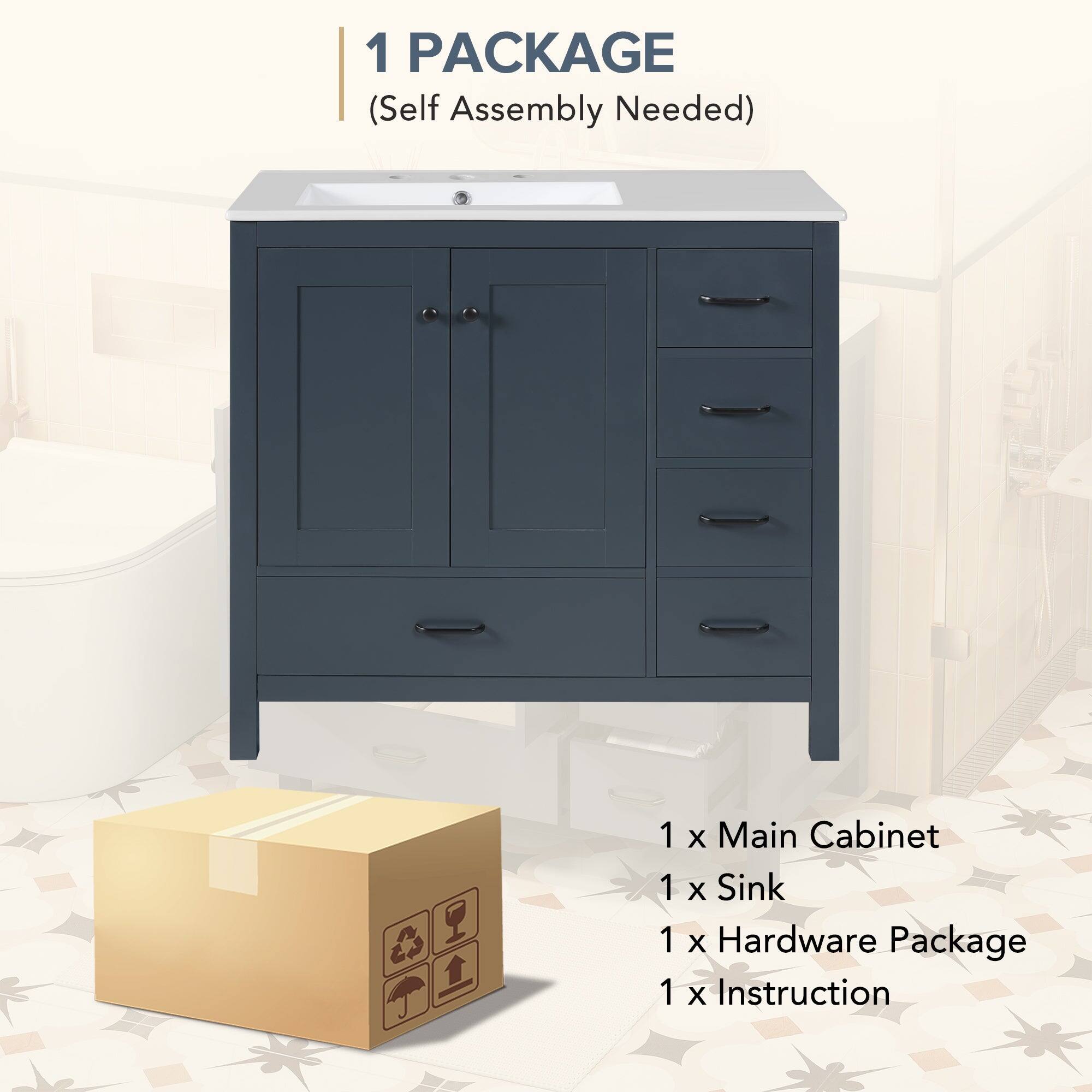 1 PACKAGE  
(Self Assembly Needed)  

1 x Main Cabinet  
1 x Sink  
1 x Hardware Package  
1 x Instruction