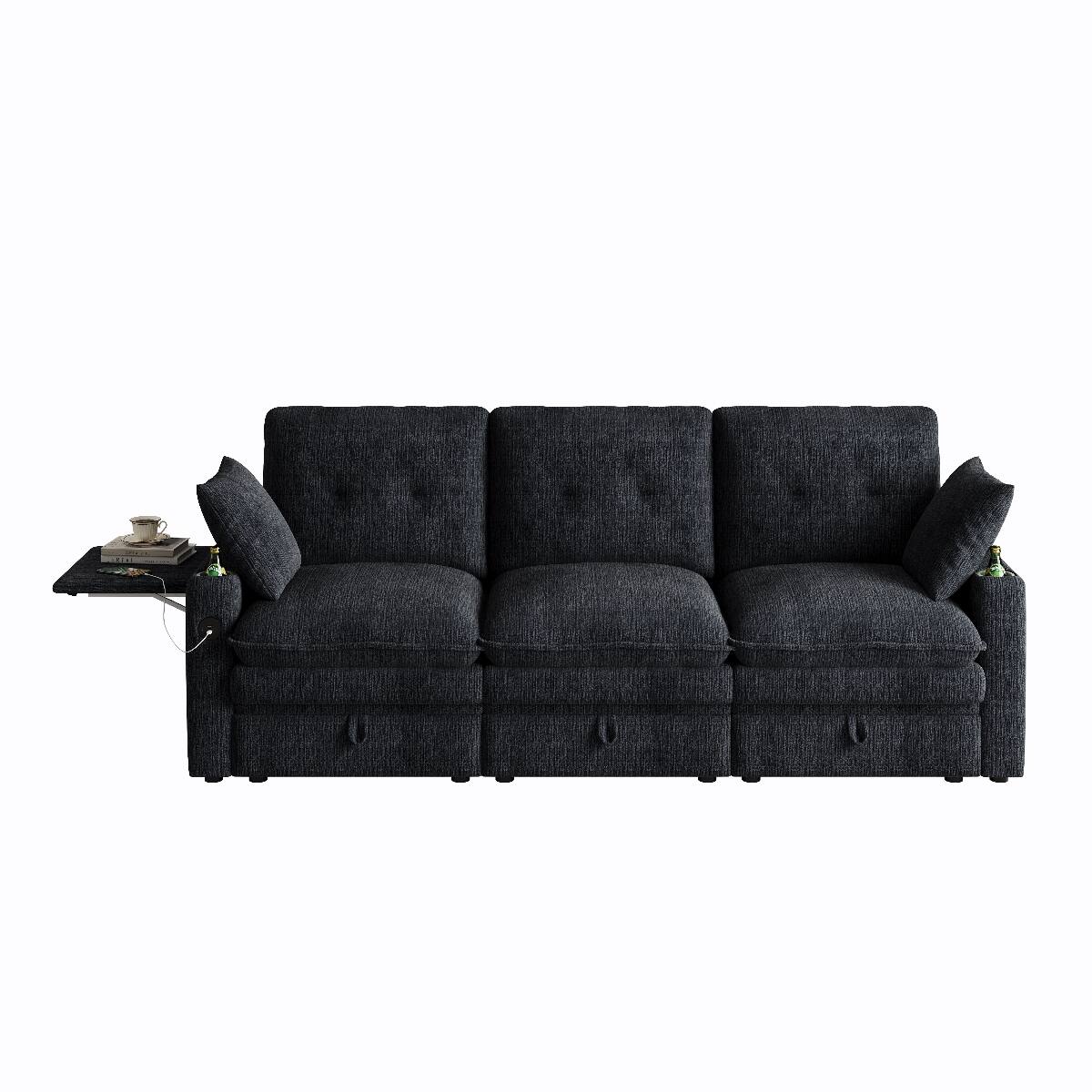 Alt View 9. Ropilly - Ropilly 89 Inch Storage Sofa Contemporary Black Chenille Couch with USB Ports Hidden Tabletop Cup Holders 3 Seat - Black.
