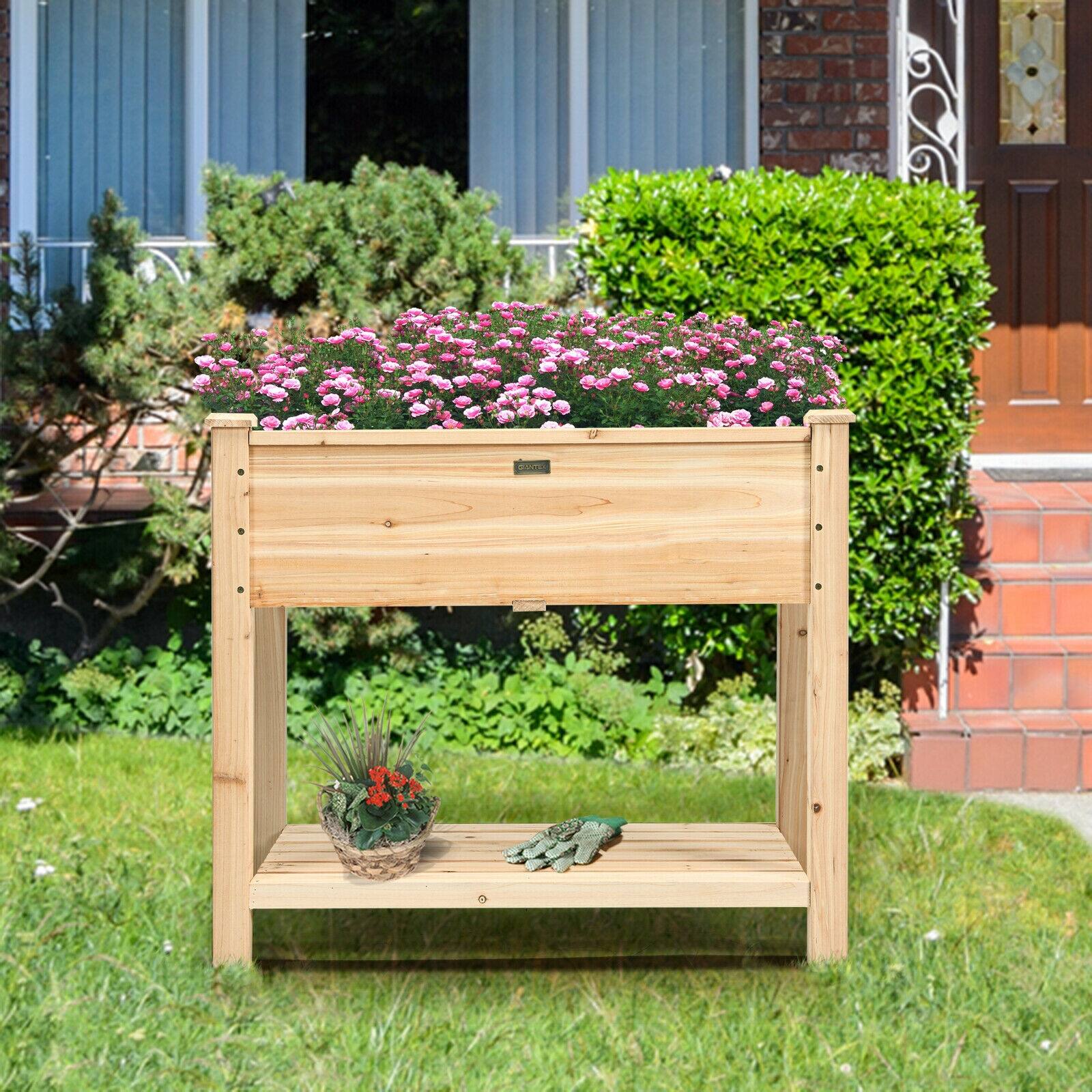 Front. SlickBlue - Elevated Wooden Garden Planter Box Stand for Flowers, Herbs, and Veggies - Natural.
