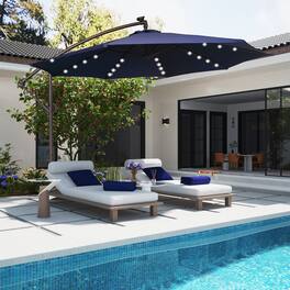 Mondawe - 11ft Offset Patio Umbrella 360°Rotate,Easy Tilt,Solar Lights - Navy Blue