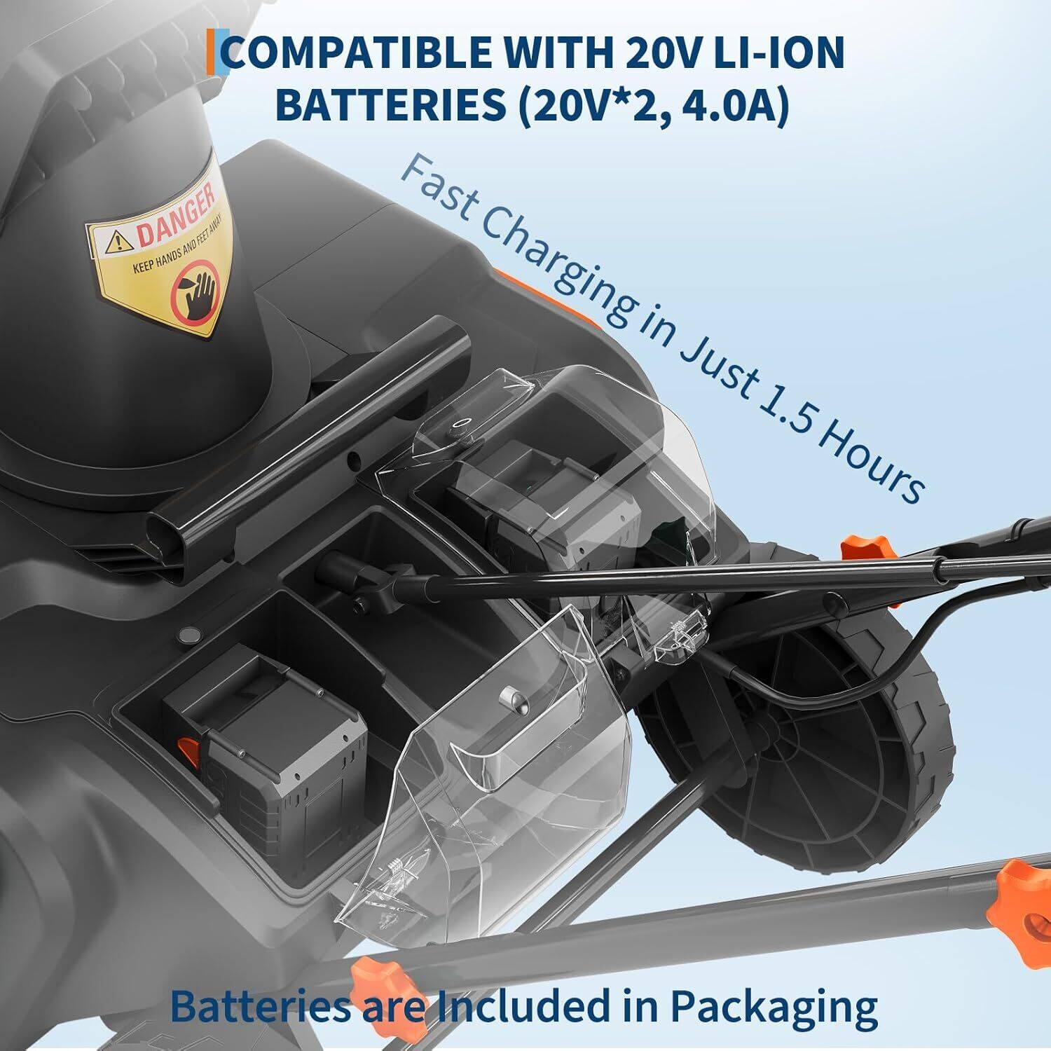 COMPATIBLE WITH 20V LI-ION BATTERIES (20V*2, 4.0A)

DANGER  
KEEP HANDS AND FEET AWAY

Fast Charging in Just 1.5 Hours

Batteries are Included in Packaging