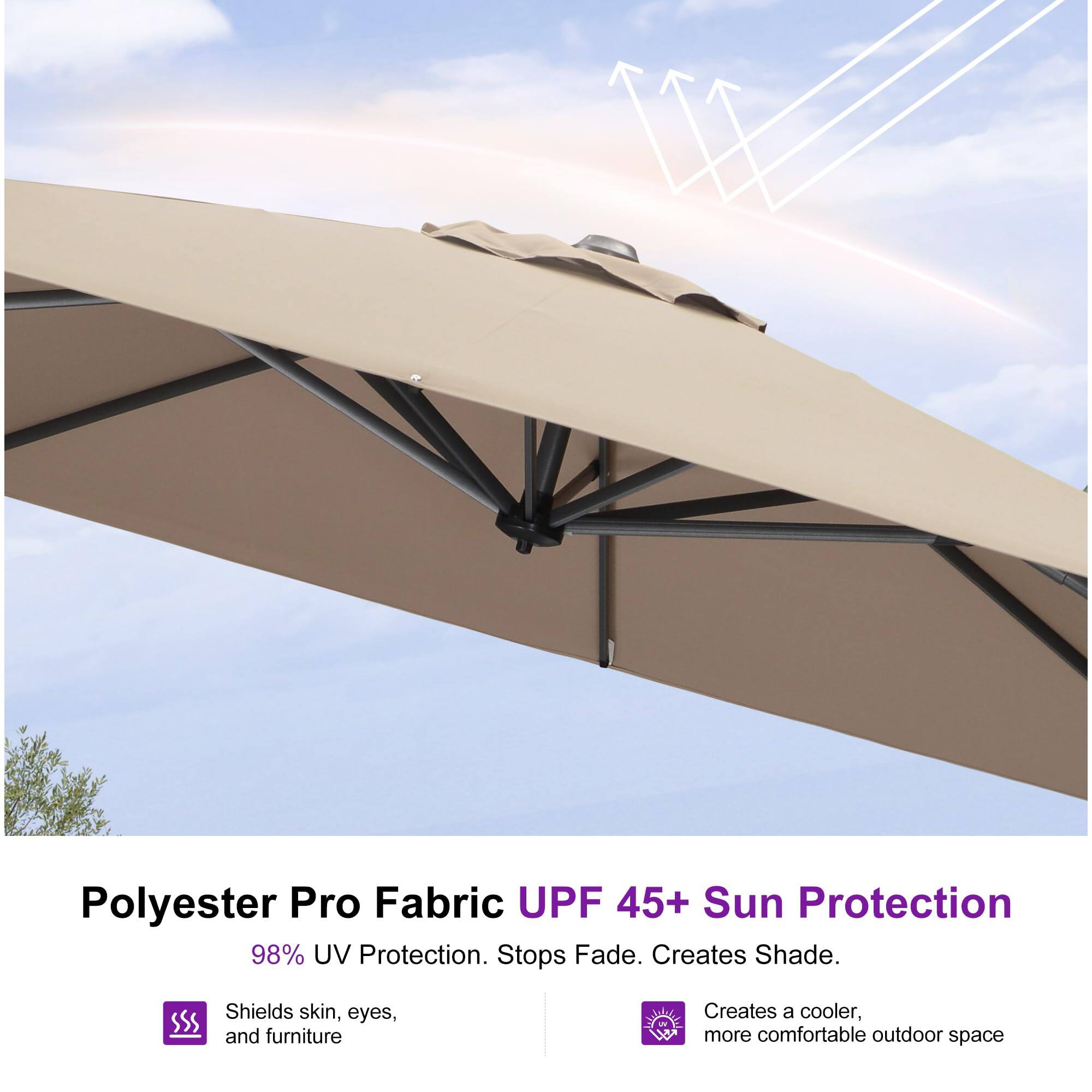 Polyester Pro Fabric UPF 45+ Sun Protection

98% UV Protection. Stops Fade. Creates Shade.

- Shields skin, eyes, and furniture
- Creates a cooler, more comfortable outdoor space