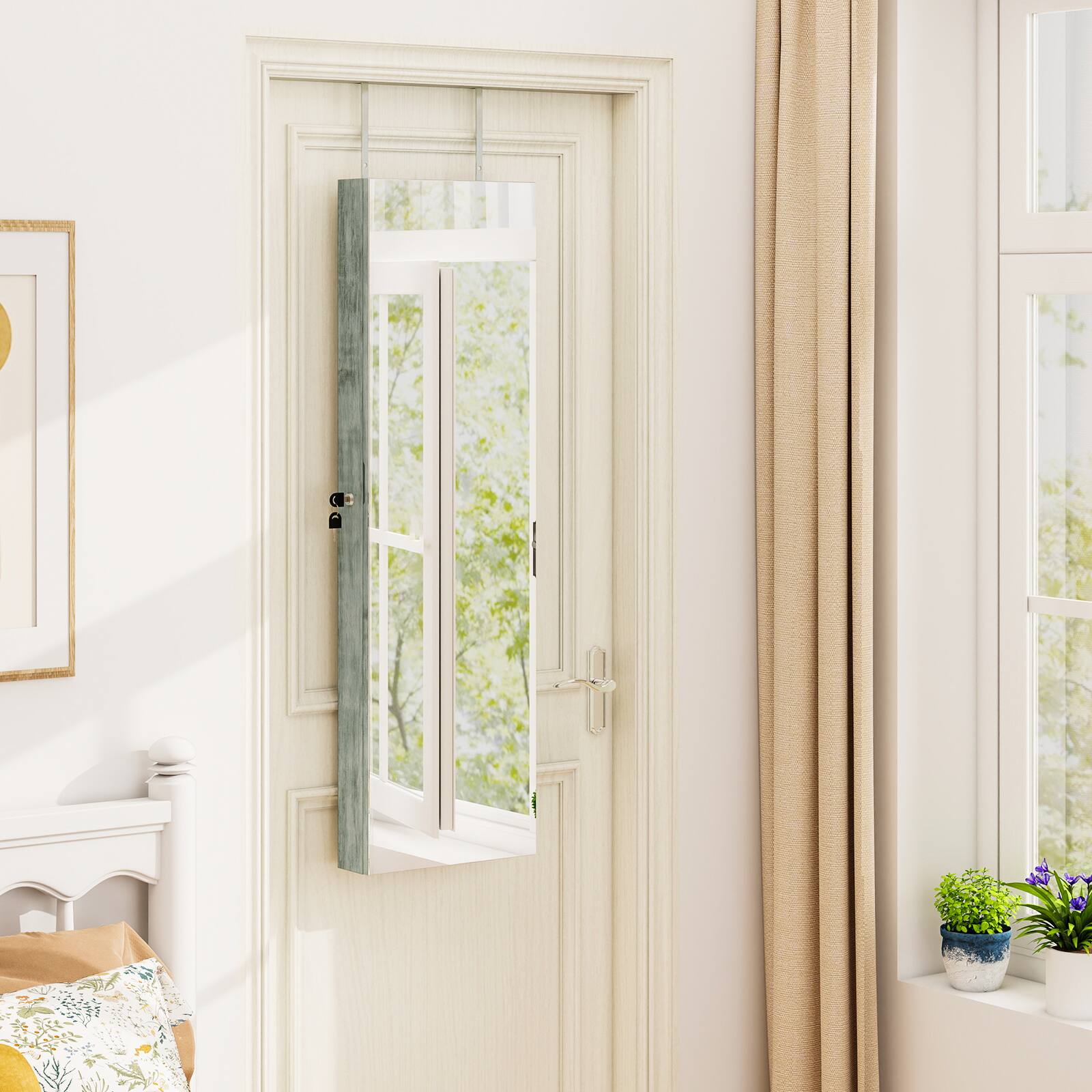 Alt View 3. Costway - Costway Mirrored Wall & Door Mounted Jewelry Cabinet Storage Organizer with  Lights&Drawer - Navy.