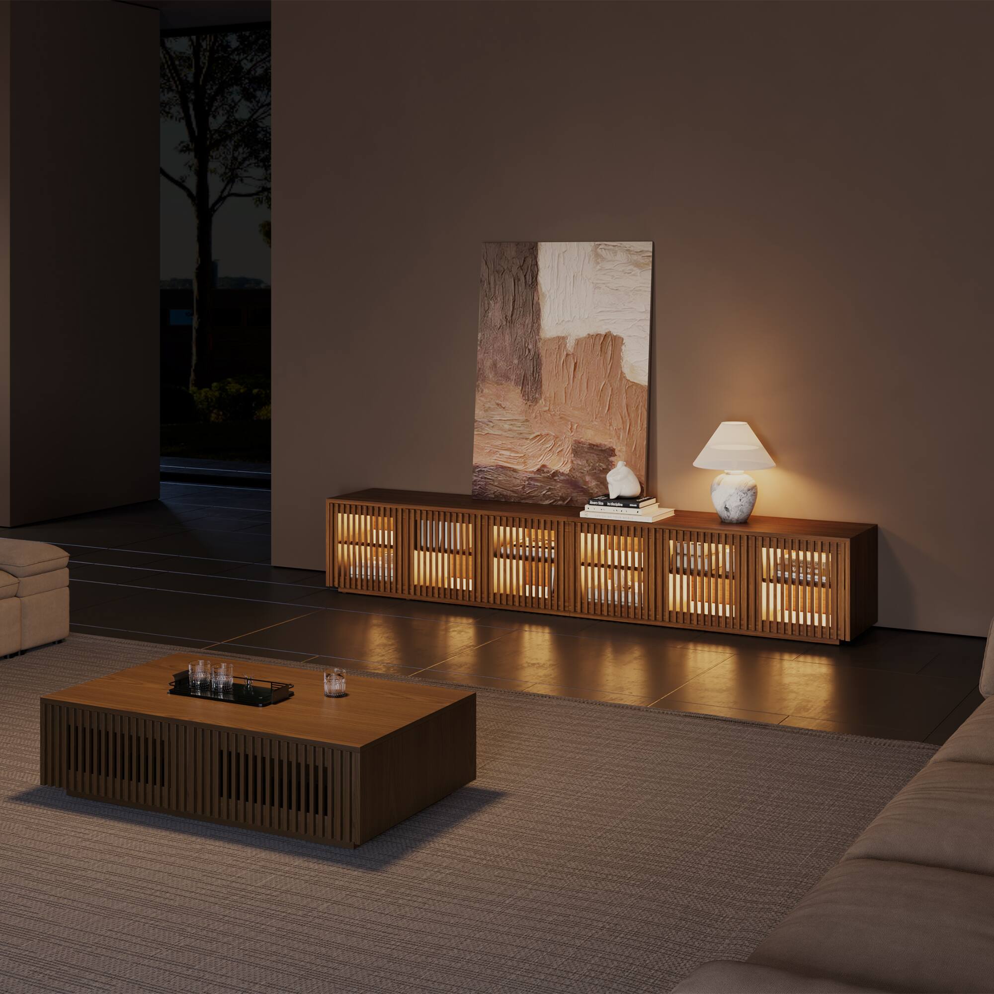 Left. POVISON - 95" Mid-Century Modern Wood Slatted TV Stand with LED lights,Minimalist Entertainment Center, Perfect for 85-inch TVs - Walnut Color.