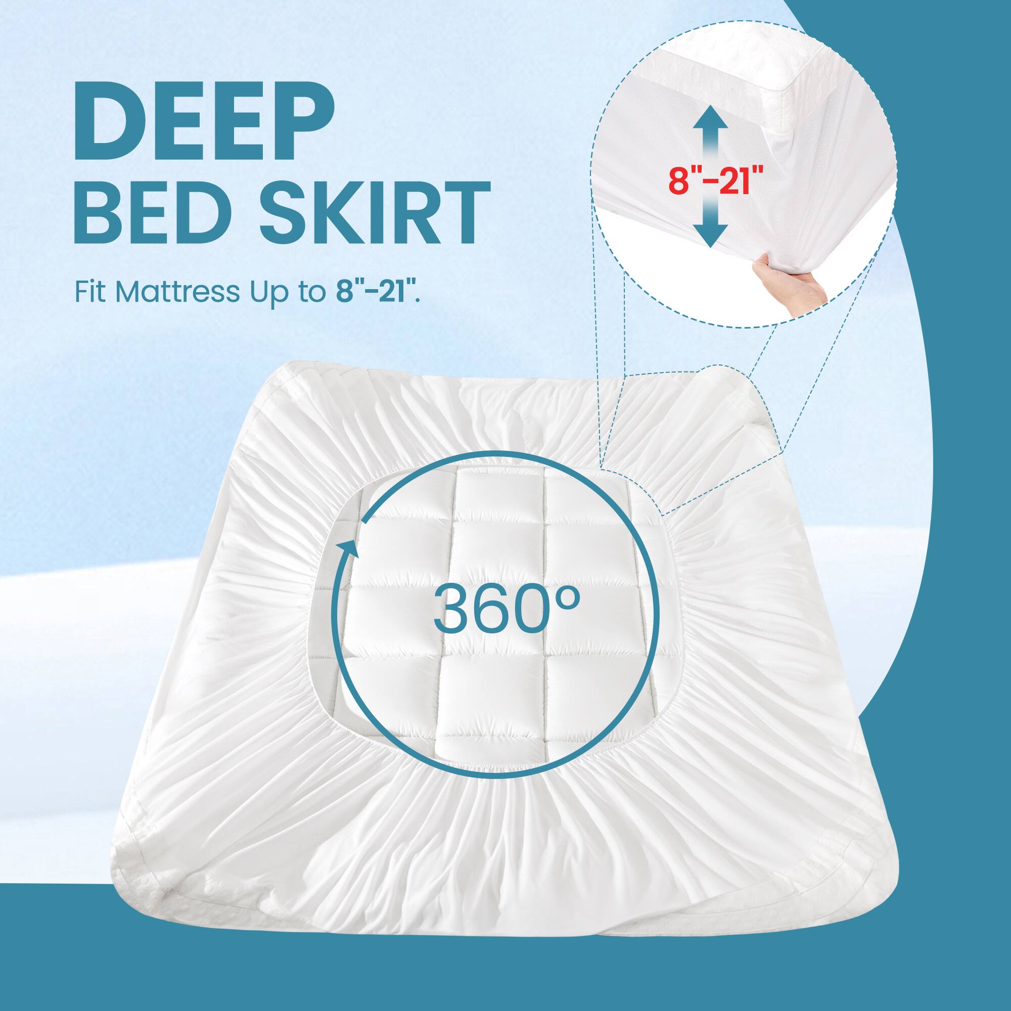 DEEP BED SKIRT
Fit Mattress Up to 8"-21".
8"-21"
360°