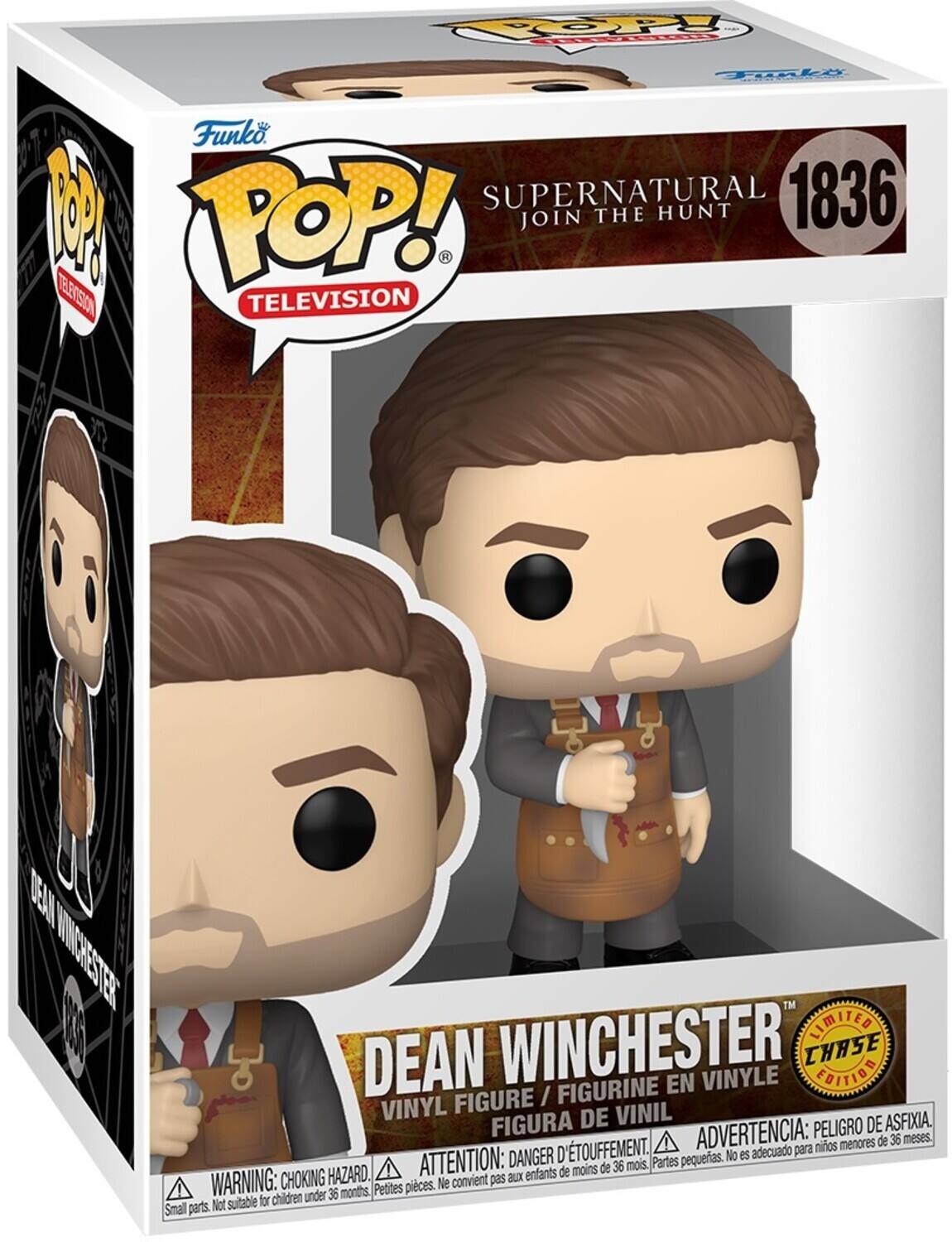 Funko POP! TELEVISION  
SUPERNATURAL  
JOIN THE HUNT  
1836  

DEAN WINCHESTER  
VINYL FIGURE / FIGURINE EN VINYLE / FIGURA DE VINIL  

LIMITED EDITION  

WARNING: CHOKING HAZARD. Small parts. Not suitable for children under 36 months.  
ADVERTENCIA: PELOIGRO DE ASFIXIA. No es adecuado para niños menores de 36 meses.  
ATTENTION: DANGER D'ÉTOUFFEMENT. Ne convient pas aux enfants de moins de 36 mois.