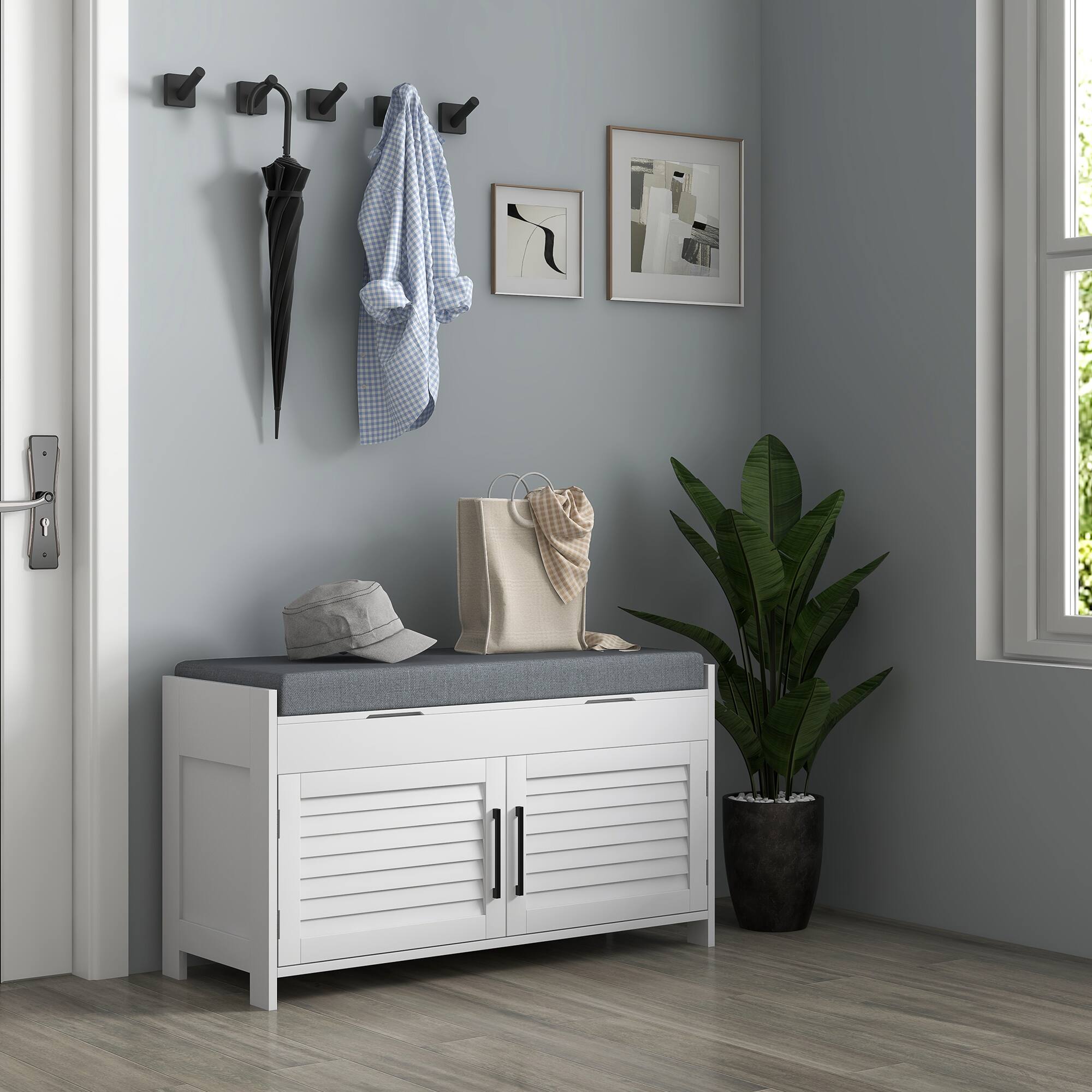 Alt View 1. Homcom - Storage Bench, Modern Entryway Bench with Cushion, Hidden Compartments, Adjustable Shelves - White.