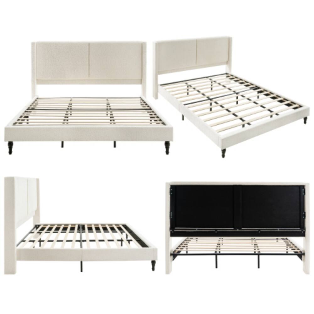 Back. LUCKY ONE - King Size Upholstered Bed Frame with High-Back Tufted Headboard - No Box Spring Needed - Beige.