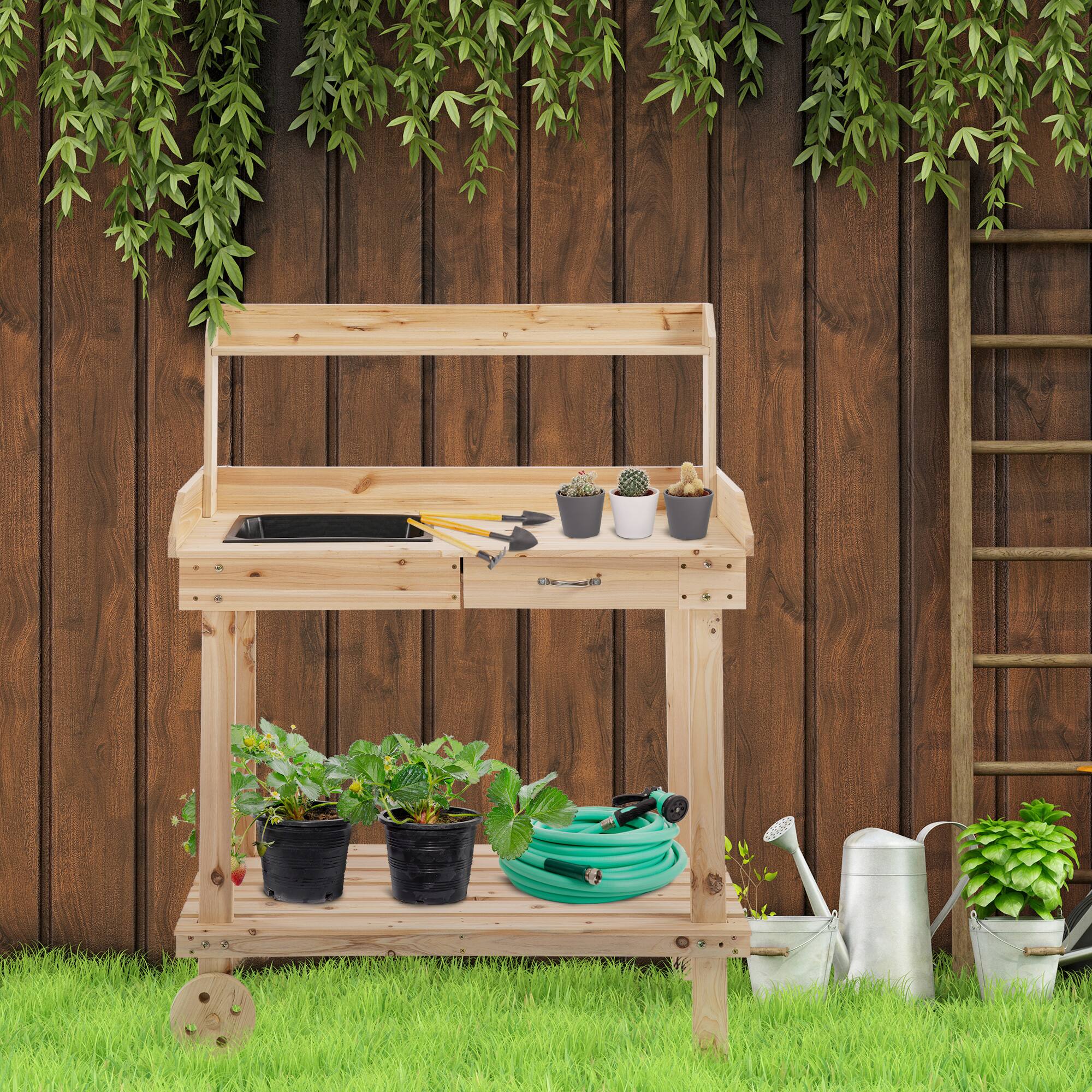 Alt View 1. Outsunny - 36" Wooden Potting Bench Work Table with 2 Removable Wheels, Garden Workstation with Removable Sink - Natural Wood.