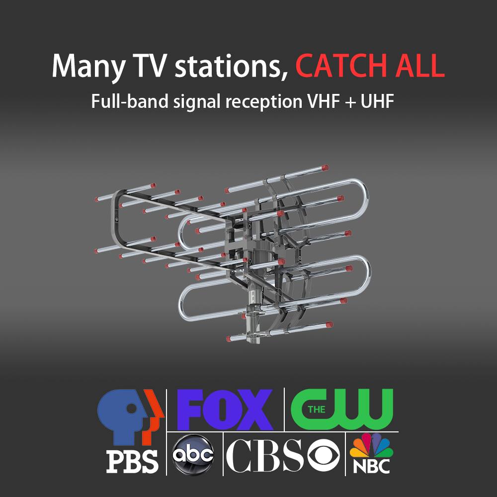 Many TV stations, CATCH ALL  
Full-band signal reception VHF + UHF  

PBS | FOX | THE CW | abc | CBS | NBC