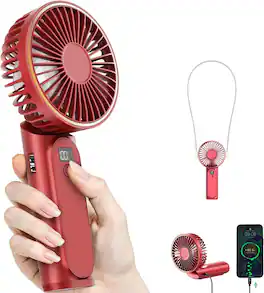 FINEAK - Red 4000mAh Foldable Handheld Fan 6-Speed USB Rechargeable with Display