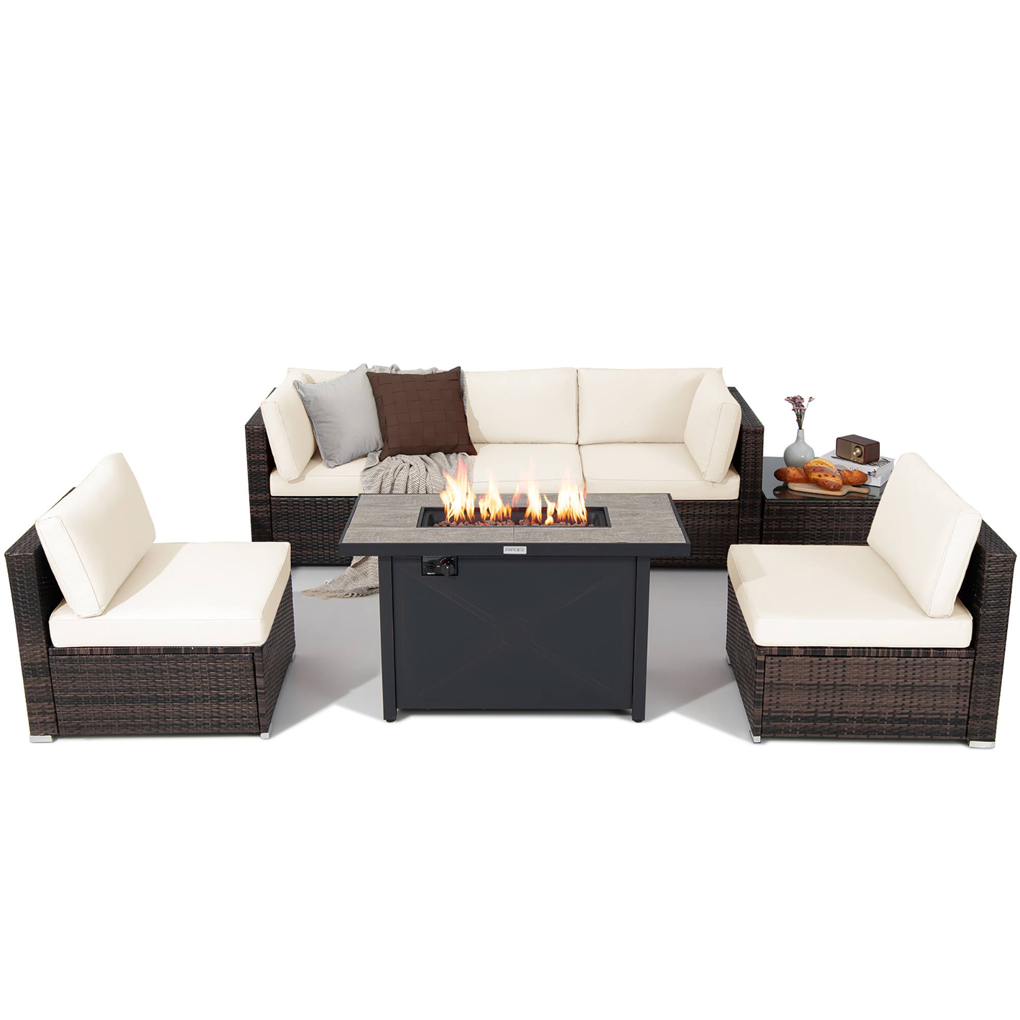 Alt View 1. Gymax - Gymax 7PCS Patio Rattan Furniture Set Fire Pit Table Cover Cushion Off White - Off White.