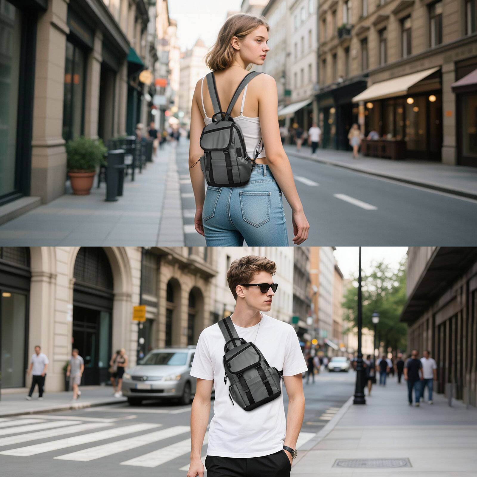 Alt View 1. Unique Bargains - Small Backpack Convertible Crossbody Bags with USB Charge Port Lightweight Casual Sling Shoulder for Outdoor Travel - Gray.