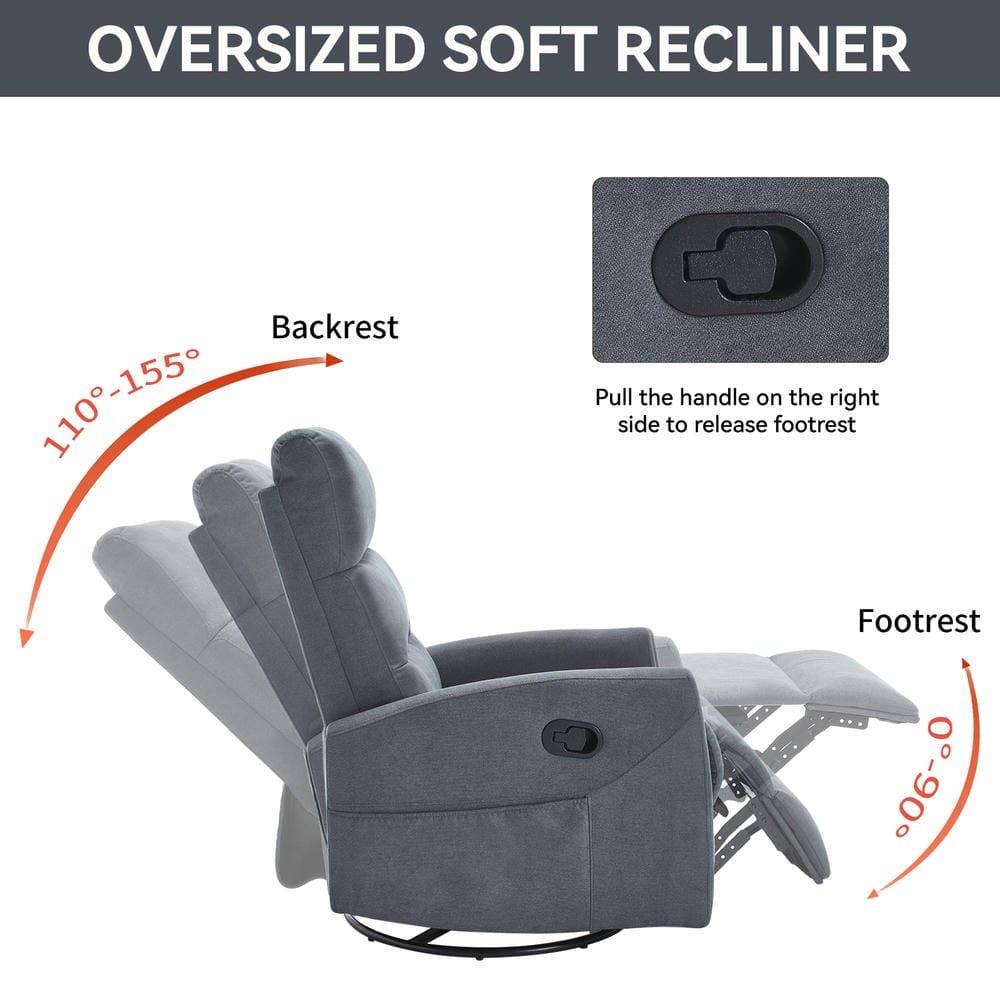 **OVERSIZED SOFT RECLINER**

- **Backrest:** 110°-155°
- **Footrest:** 0°-90°

**Instructions:**
- Pull the handle on the right side to release footrest.