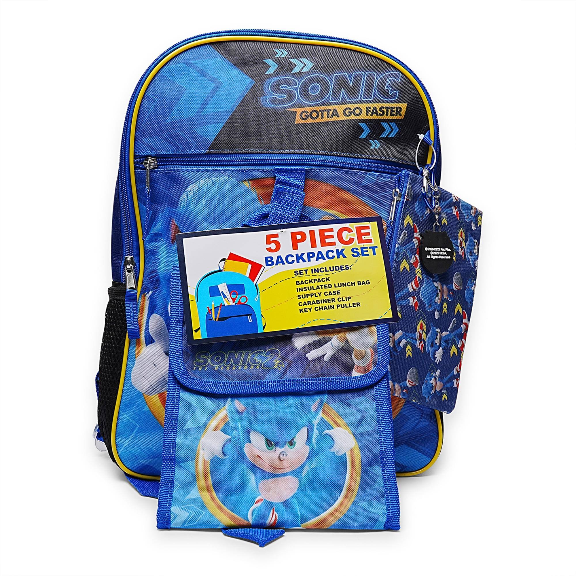 SONIC GOTTA GO FASTER 5 PIECE BACKPACK SET SET INCLUDES: BACKPACK LUNCH BAG INSULATED SUPPLY CASE CARABINER CLIP KEY CHAIN PULLER - SONIC