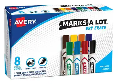 AVERY MARKS A LOT
DRY ERASE
8 PACK / PIEZAS
1 EACH: BLACK, BLUE, GREEN, RED, PURPLE, ORANGE, YELLOW, BROWN
ERASES EASY
CHISEL TIP
BOLD COLORS
LOW ODOR