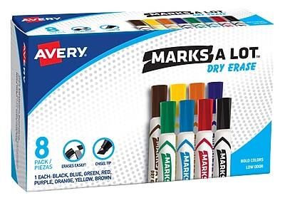 AVERY MARKS A LOT  
DRY ERASE  

8 PACK / PIEZAS  

1 EACH: BLACK, BLUE, GREEN, RED, PURPLE, ORANGE, YELLOW, BROWN  

ERASES EASY  
CHISEL TIP  
BOLD COLORS  
LOW ODOR