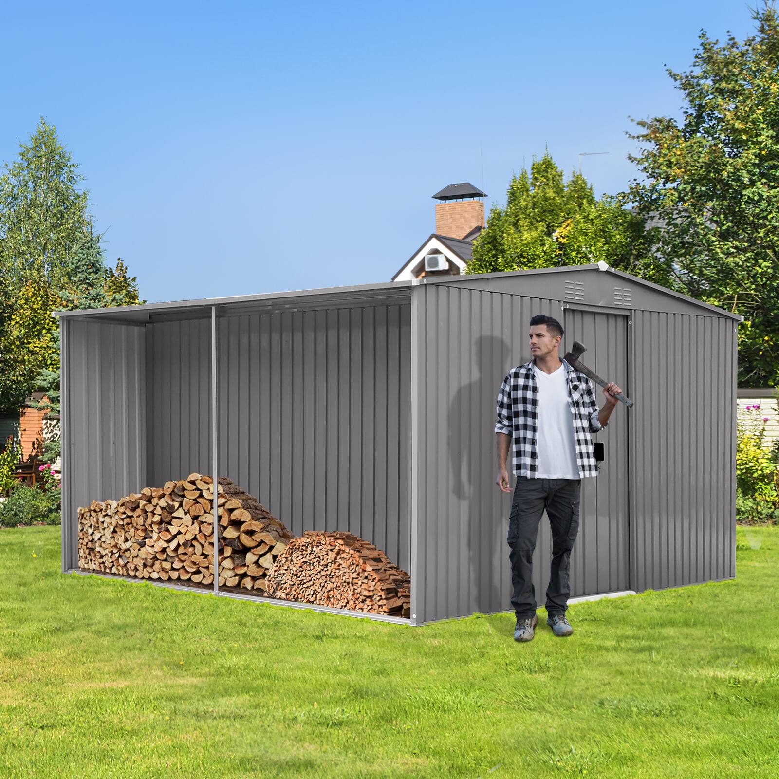 Alt View 2. Mondawe - 14x12 Ft Outdoor Storage Shed with Tool Space and Firewood Storage - Grey.