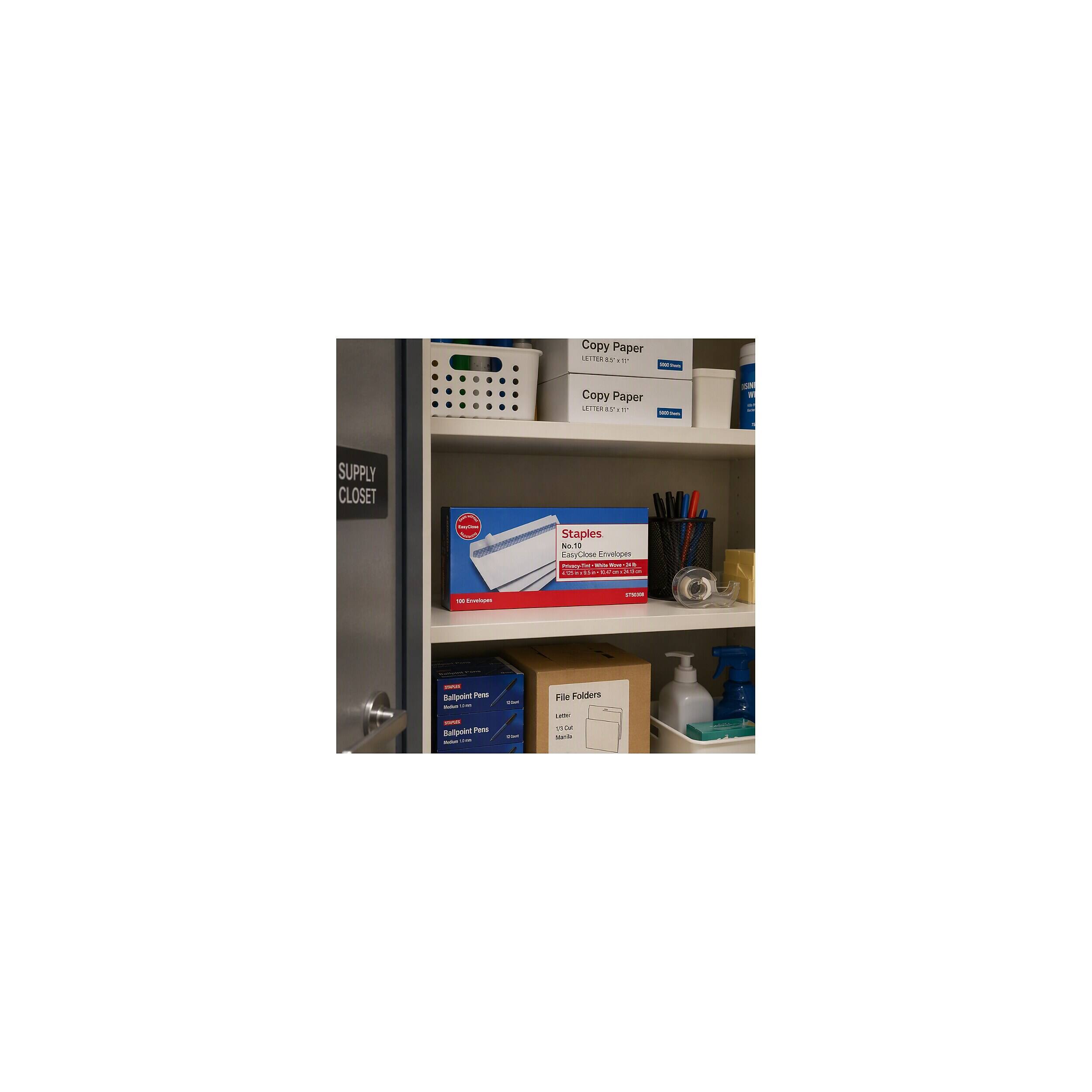 Copy Paper LETTER 12 or EX  
SUPPLY CLOSET  
Staples No.10 EasyClose Envelopes  
Ballpoint Pens  
File Folders