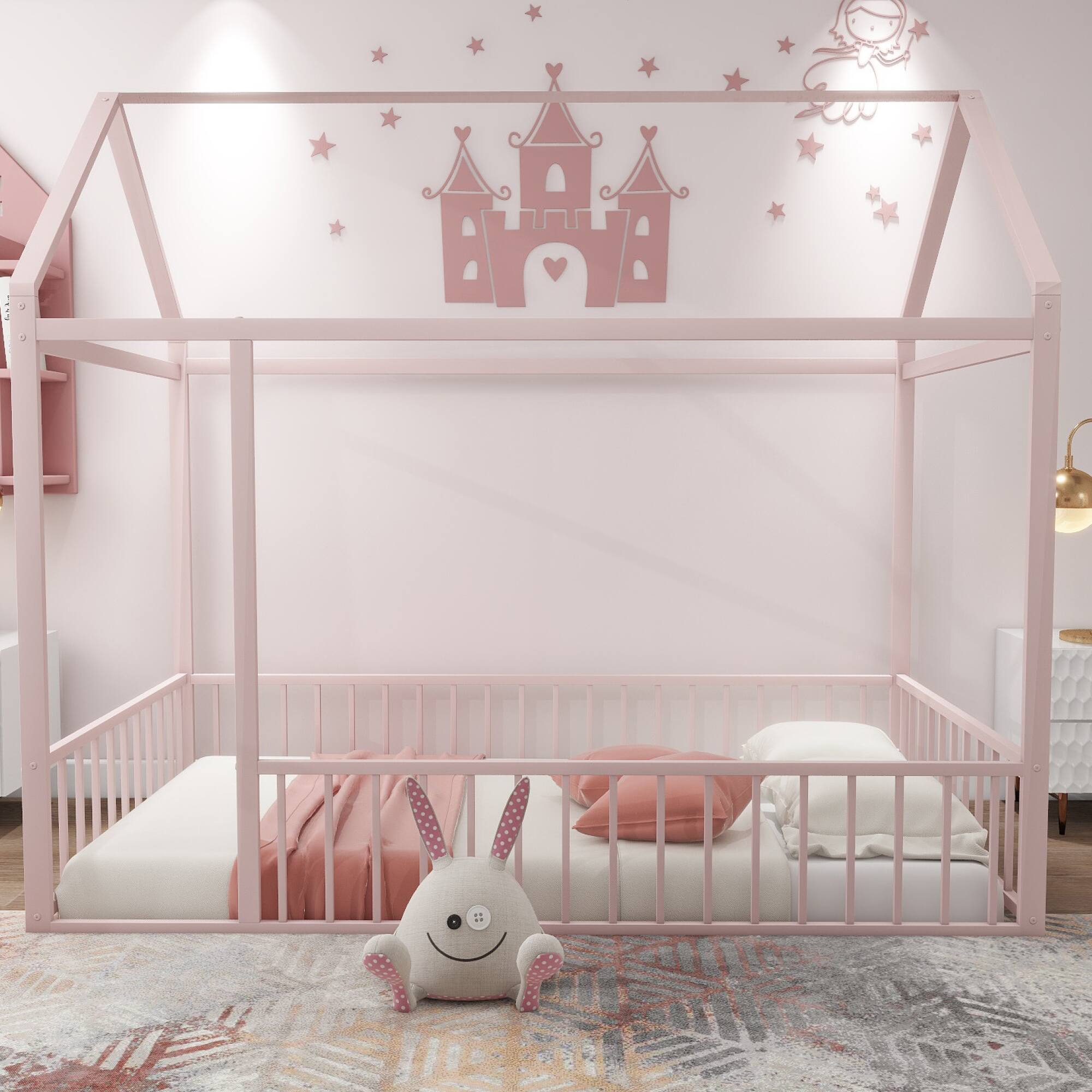Alt View 5. GOODSILO - Twin Size Playhouse Bed Frame with Safety Fence for Kids and Teens - Sturdy Metal Construction - Pink.