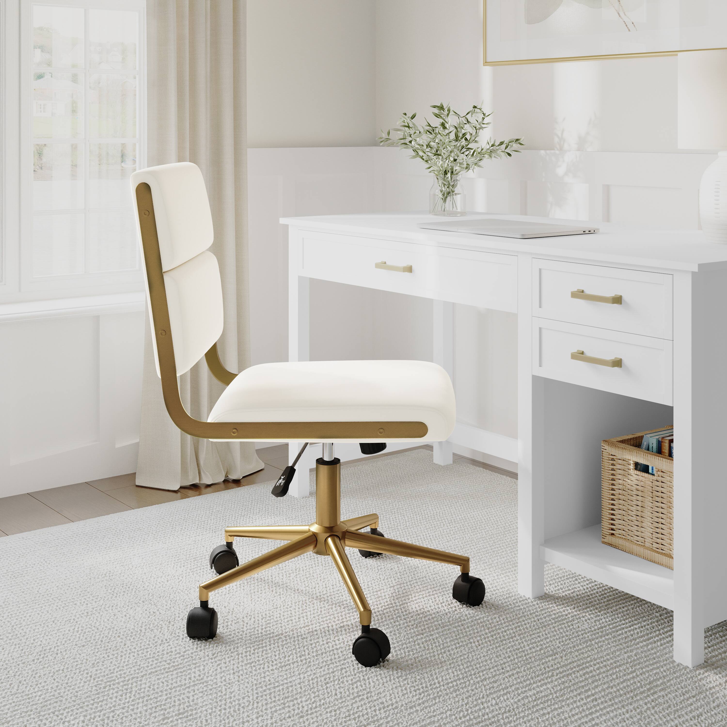 Alt View 1. Martha Stewart - Lulu Upholstered Height-Adjust Swivel Home Office Chair - Off White Faux Leather/Polished Brass Frame.