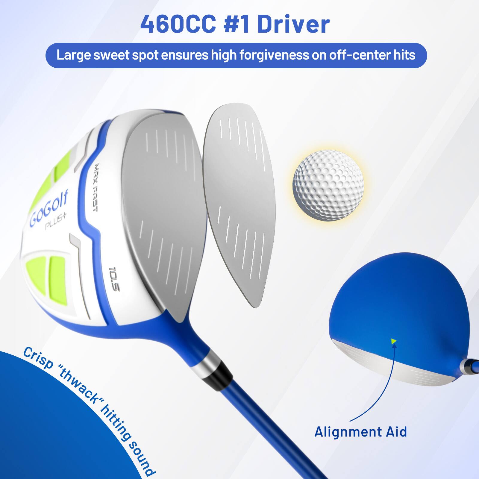 460CC #1 Driver

Large sweet spot ensures high forgiveness on off-center hits

Crisp "thwack" hitting sound

Alignment Aid