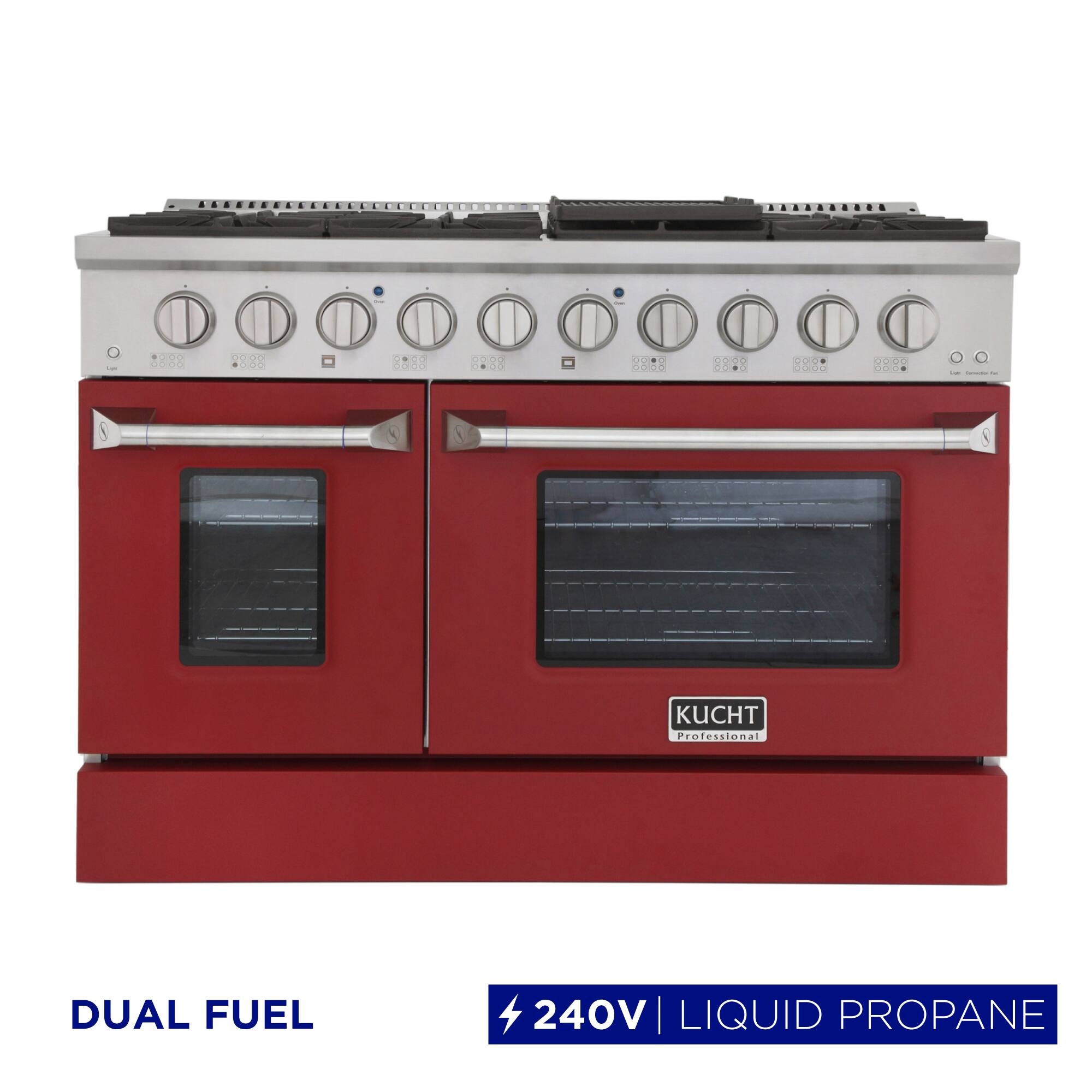 Kucht - 48" Dual Fuel Range for LP, SS/Red Doors, Sealed Burners, Griddle, 2 Ovens (1 Convection) - Red