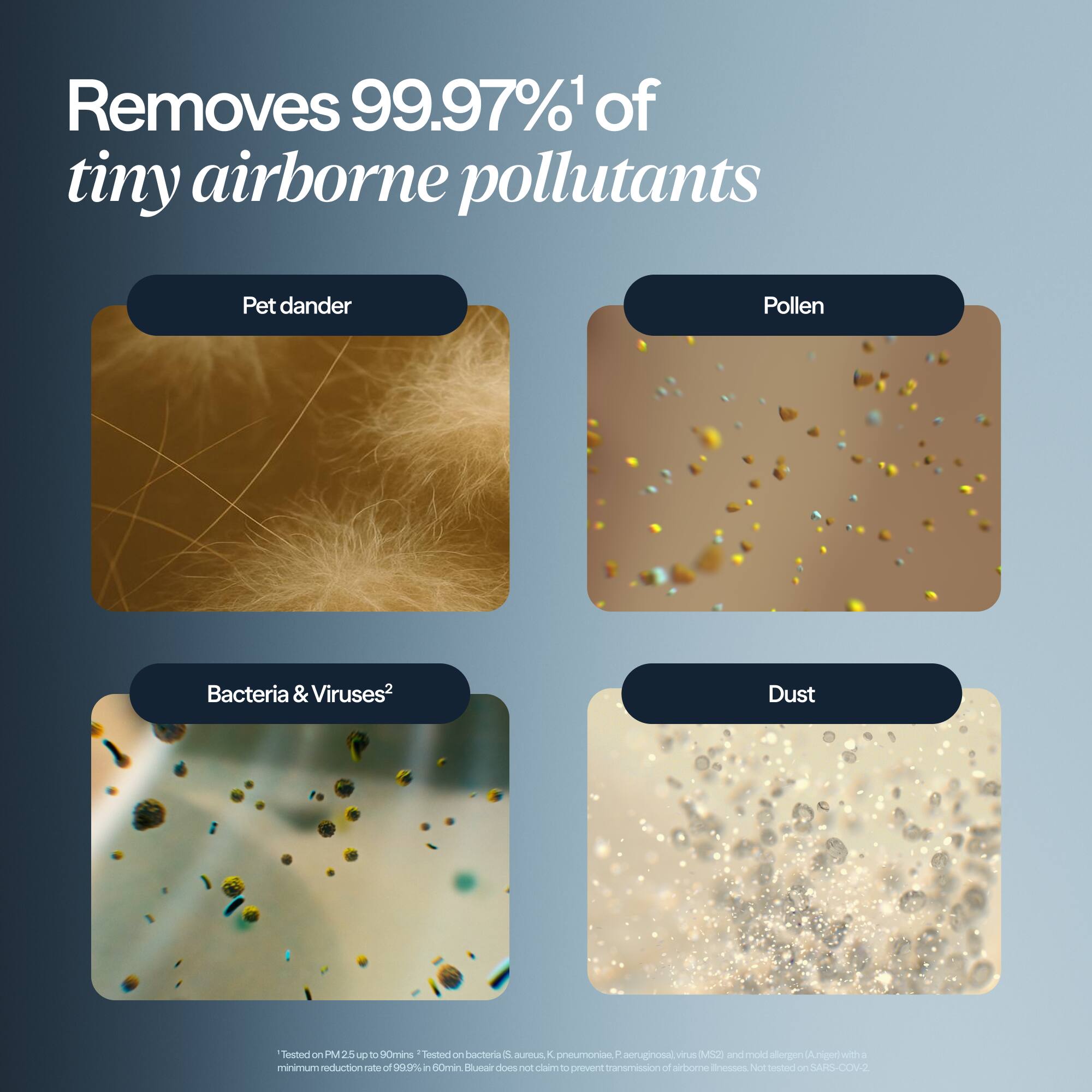Removes 99.97% of tiny airborne pollutants

Pet dander  
Pollen  
Bacteria & Viruses²  
Dust  

Tested on PM 2.5 up to 90 mins  
Tested on bacteria S. aureus, P. aeruginosa, virus MS2 and mold allergen (A. versicolor) with a minimum reduction rate of 99.99% in 60 min. Blueair does not claim to prevent transmission of airborne illnesses. Not tested on SARS-COV-2