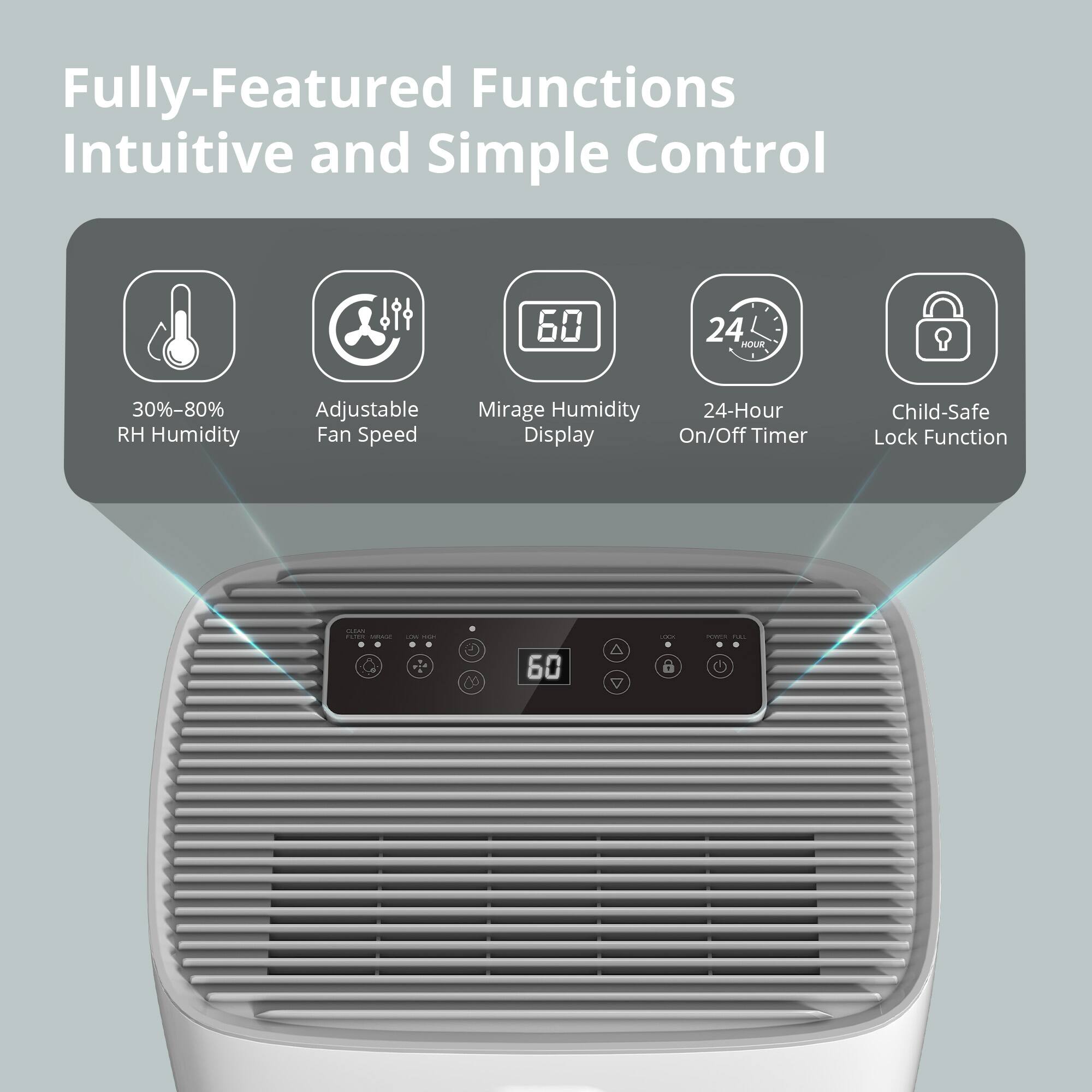 Fully-Featured Functions Intuitive and Simple Control

- 30%-80% RH Humidity
- Adjustable Fan Speed
- Mirage Humidity Display
- 24-Hour On/Off Timer
- Child-Safe Lock Function