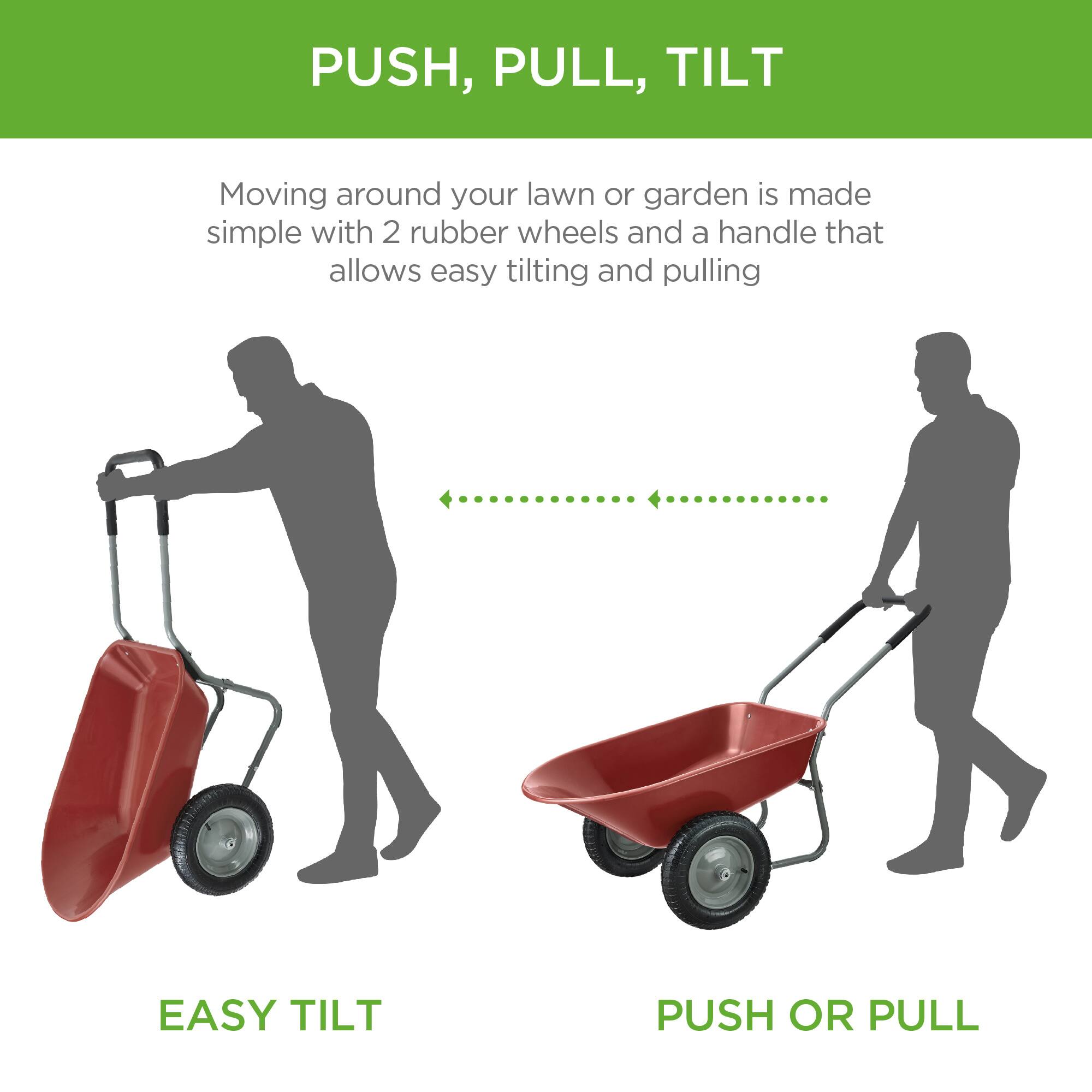 PUSH, PULL, TILT

Moving around your lawn or garden is made simple with 2 rubber wheels and a handle that allows easy tilting and pulling

EASY TILT

PUSH OR PULL