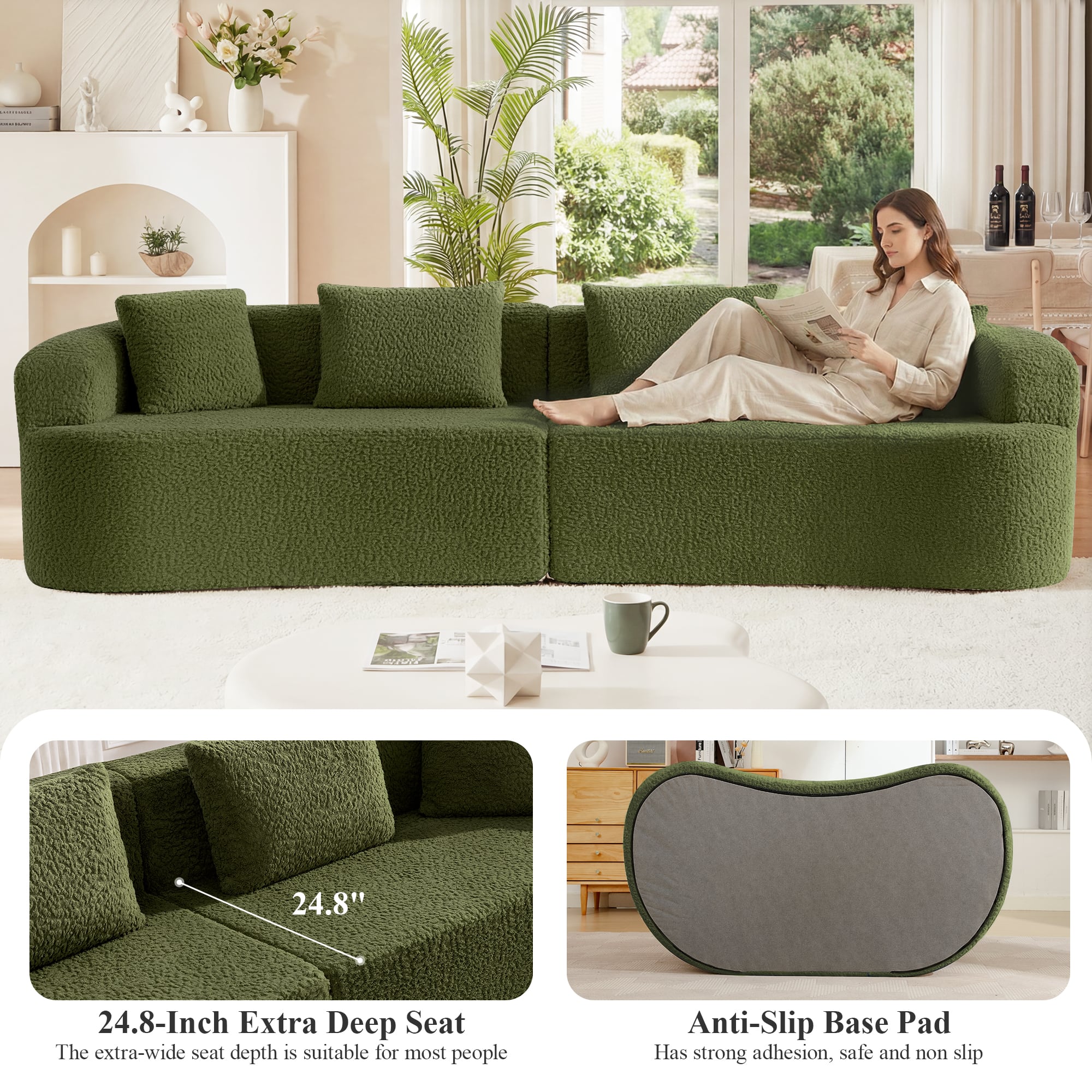 Brick Attic 113 Wide Boucle Upholstered Curved Sofa with 4 Pillows
