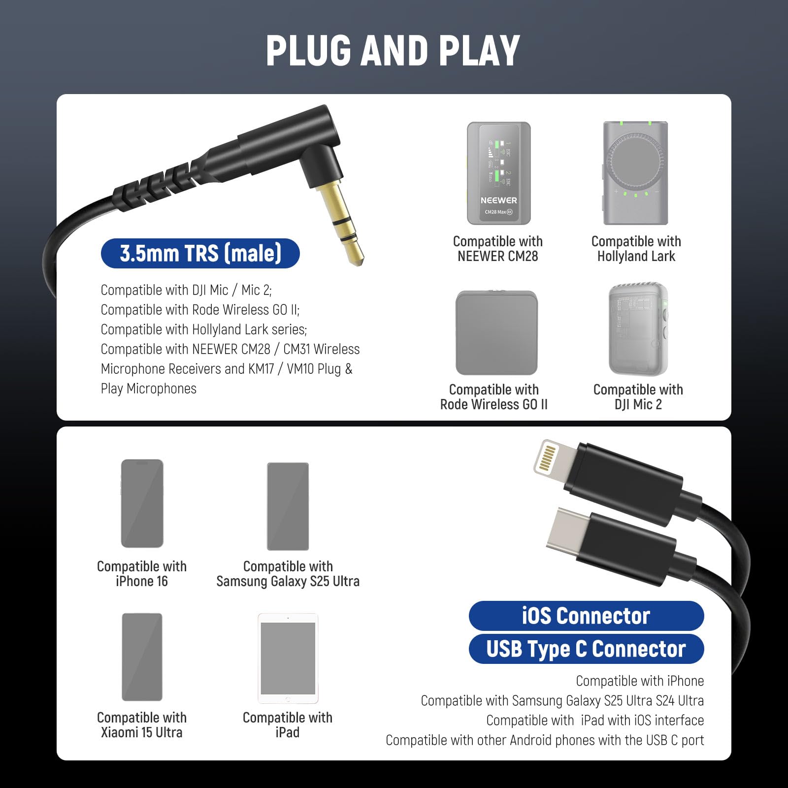 PLUG AND PLAY NEEWER 2R18 3.5mm TRS (male)  
Compatible with OJI Mic / Mic 2;  
Compatible with Rode Wireless GO II;  
Compatible with Hollyland Lark series;  
Compatible with NEEWER CM28 / CM31 Wireless Microphone Receivers and KM17 / VM10 Plug & Play Microphones;  
Compatible with NEEWER CM28;  
Compatible with Rode Wireless GO II;  
Compatible with Hollyland Lark;  
Compatible with DJI Mic 2;  
Compatible with iPhone 16;  
Compatible with Xiaomi 15 Ultra;  
Compatible with Samsung Galaxy S25 Ultra;  
Compatible with iPad;  
Compatible with other Android phones with the USB C port.  

iOS Connector USB Type C Connector  
Compatible with iPhone;  
Compatible with Samsung Galaxy S25 Ultra S24 Ultra;  
Compatible with iPad with iOS interface;  
Compatible with other Android phones with the USB C port.