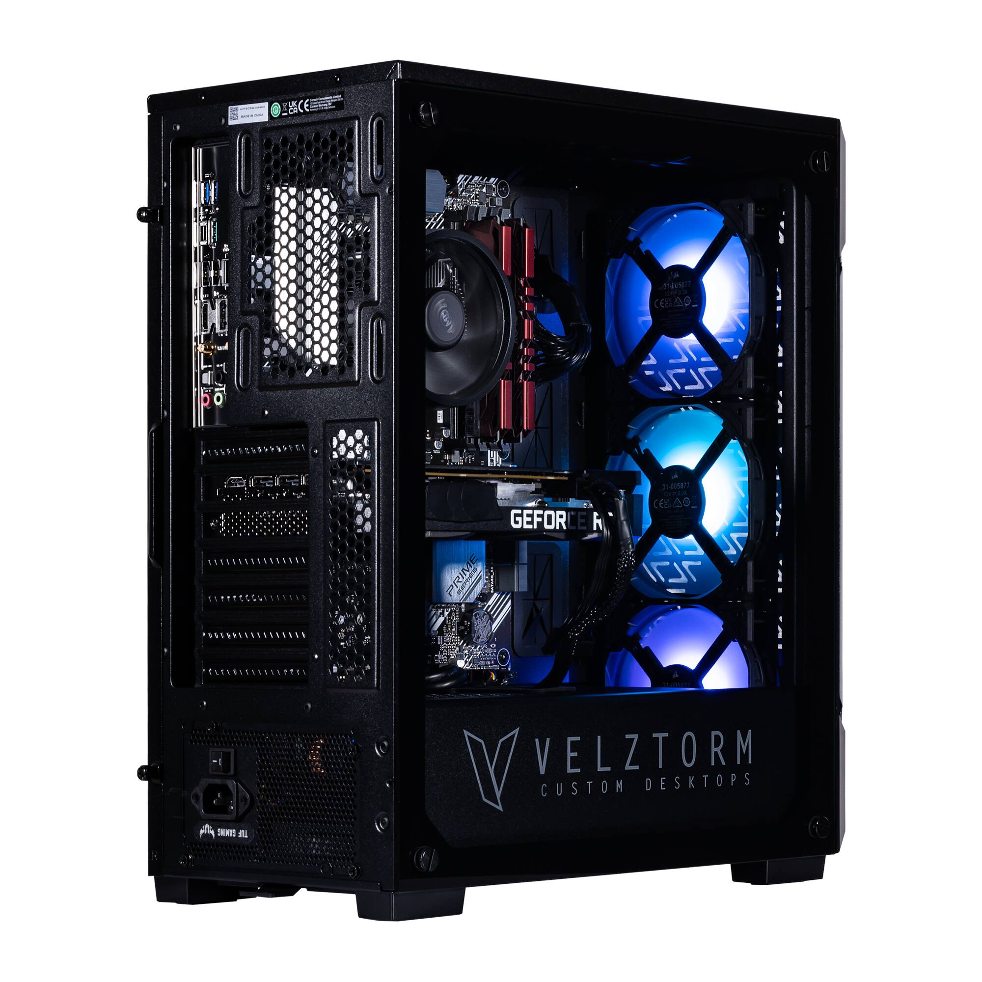 Sure, here is the corrected and grouped text from the image:

---

**Front Panel:**
- VELZTORM
- CUSTOM DESKTOPS

**Inside the Case:**
- GEFORCE RTX
- PRIME

**Certifications:**
- CE
- FCC

**Power Supply:**
- 80 PLUS BRONZE

---