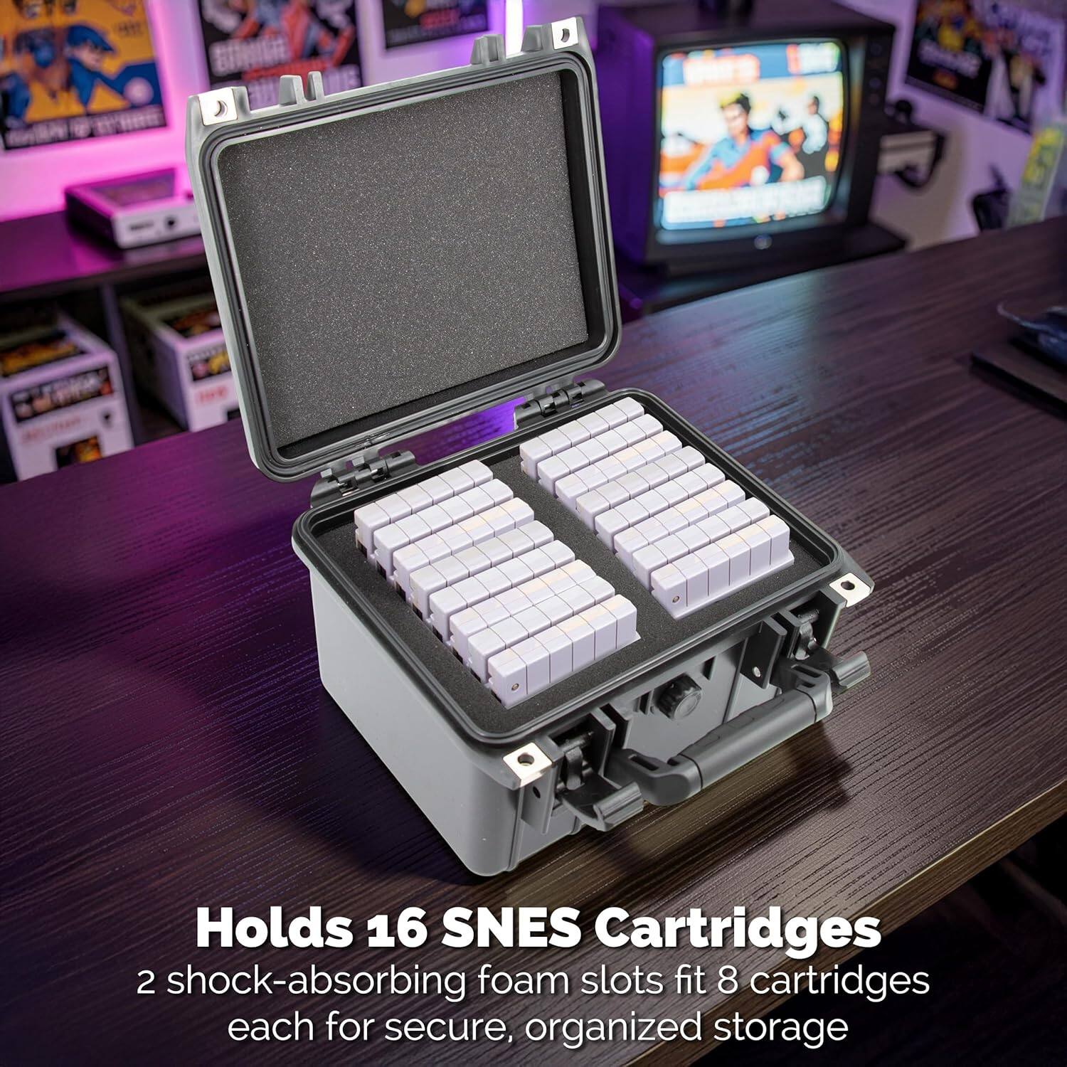 Holds 16 SNES Cartridges  
2 shock-absorbing foam slots fit 8 cartridges each for secure, organized storage