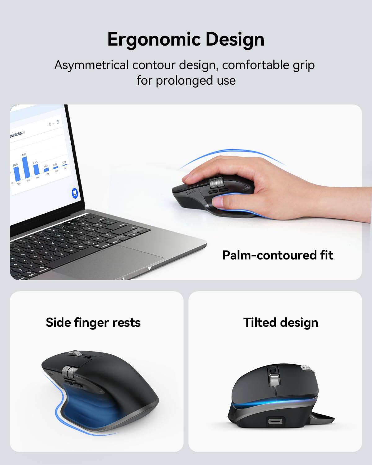 Ergonomic Design  
Asymmetrical contour design, comfortable grip for prolonged use  

- Palm-contoured fit  
- Side finger rests  
- Tilted design