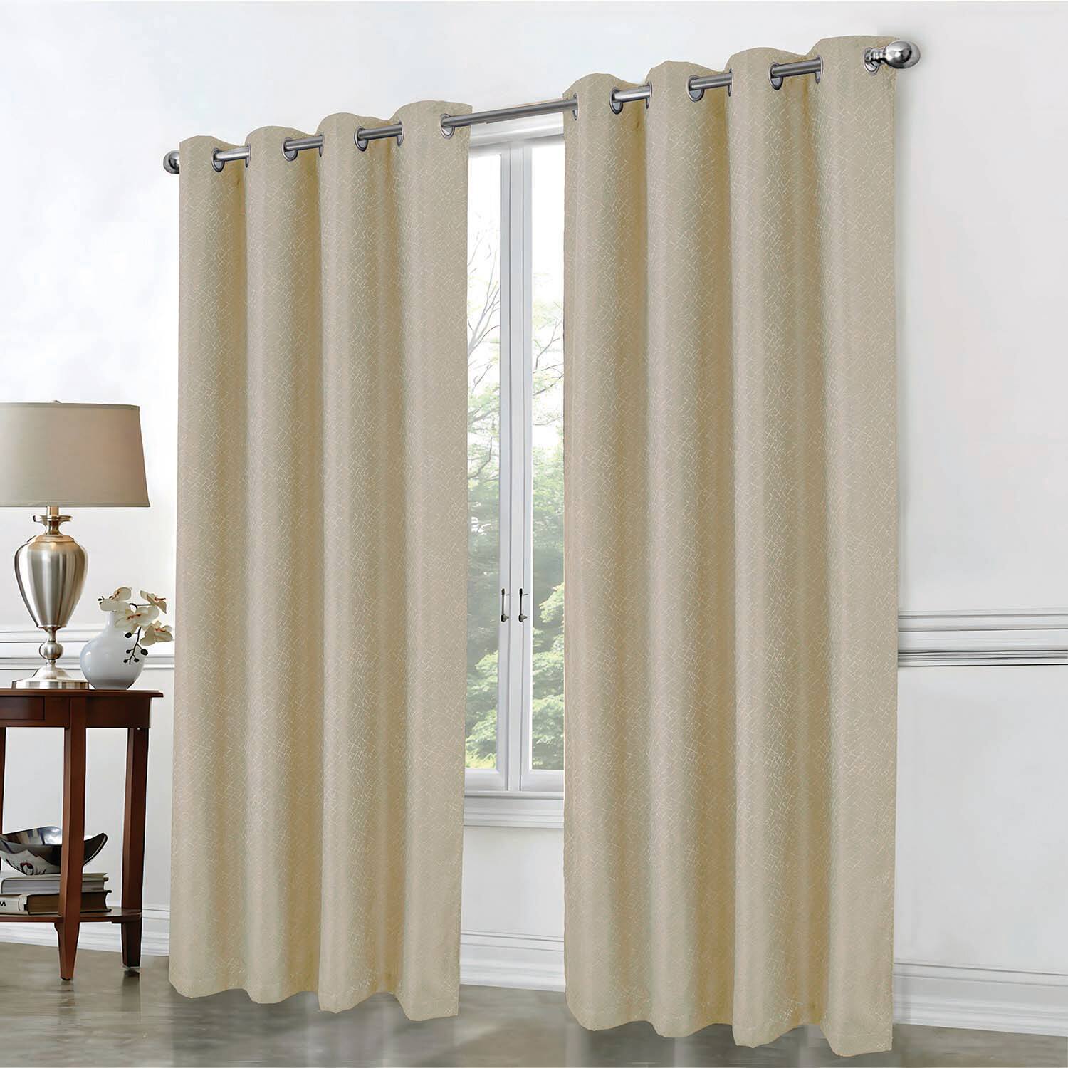 Angle. RT Designers Collection - RT Designer Collection Cassi Shimmer Jacquard 2 Pack Grommet Curtain Panel Pair 36" x 84" Taupe - Taupe.
