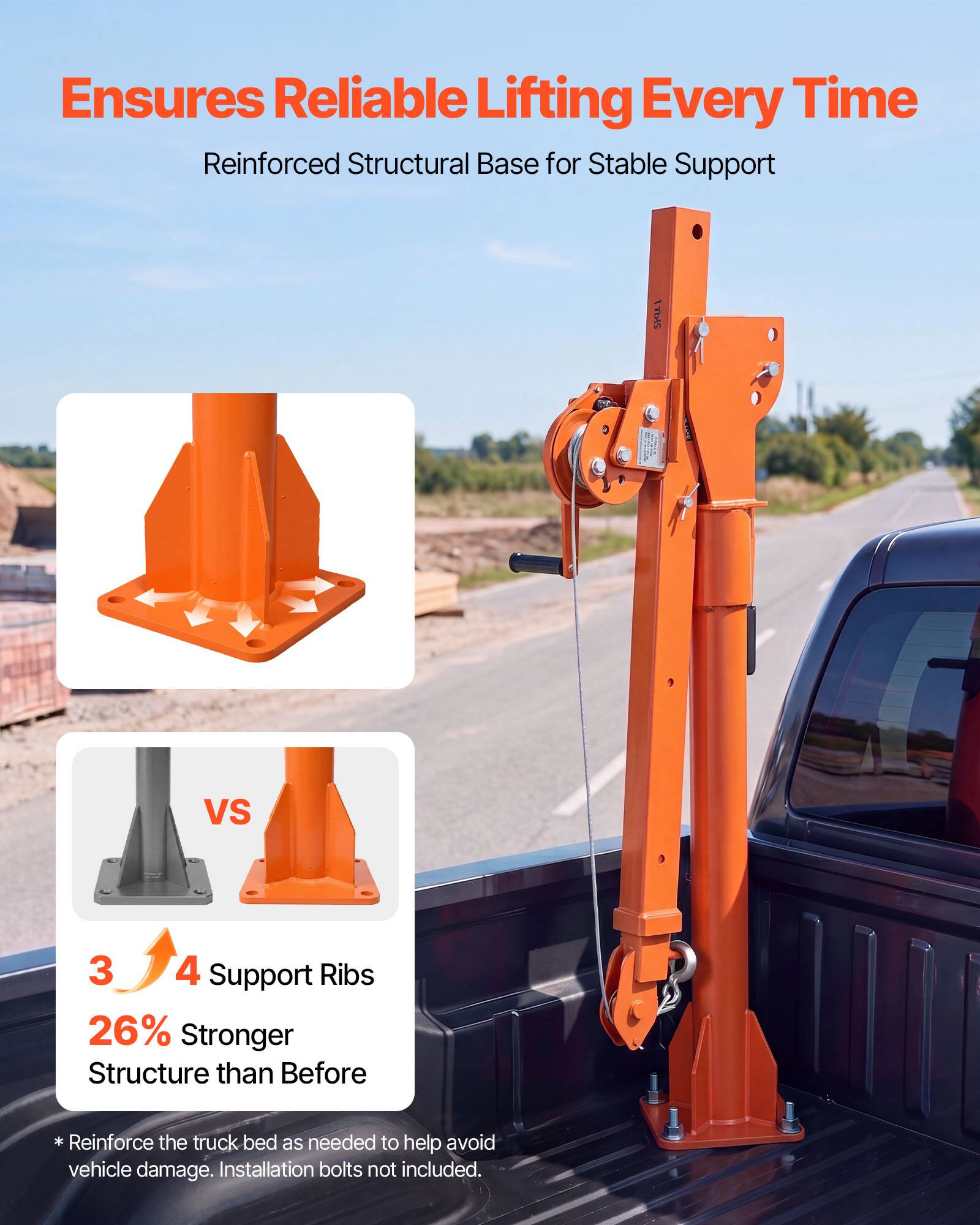Ensures Reliable Lifting Every Time  
Reinforced Structural Base for Stable Support  

3 4 Support Ribs  
26% Stronger Structure than Before  

Reinforce the truck bed as needed to help avoid vehicle damage. Installation bolts not included.