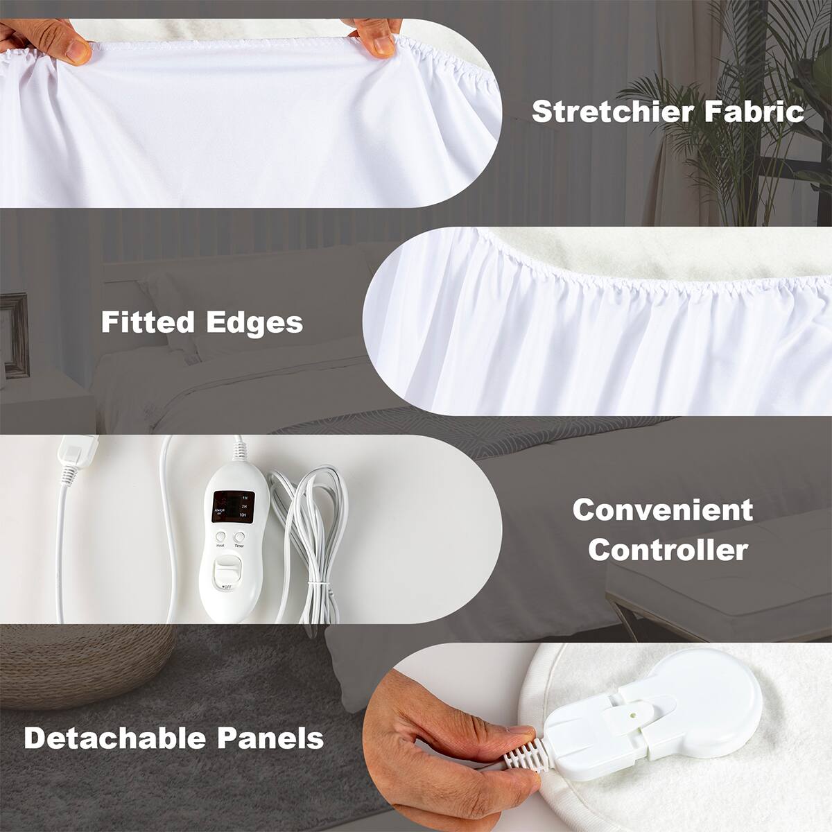 - Stretchier Fabric
- Fitted Edges
- Convenient Controller
- Detachable Panels