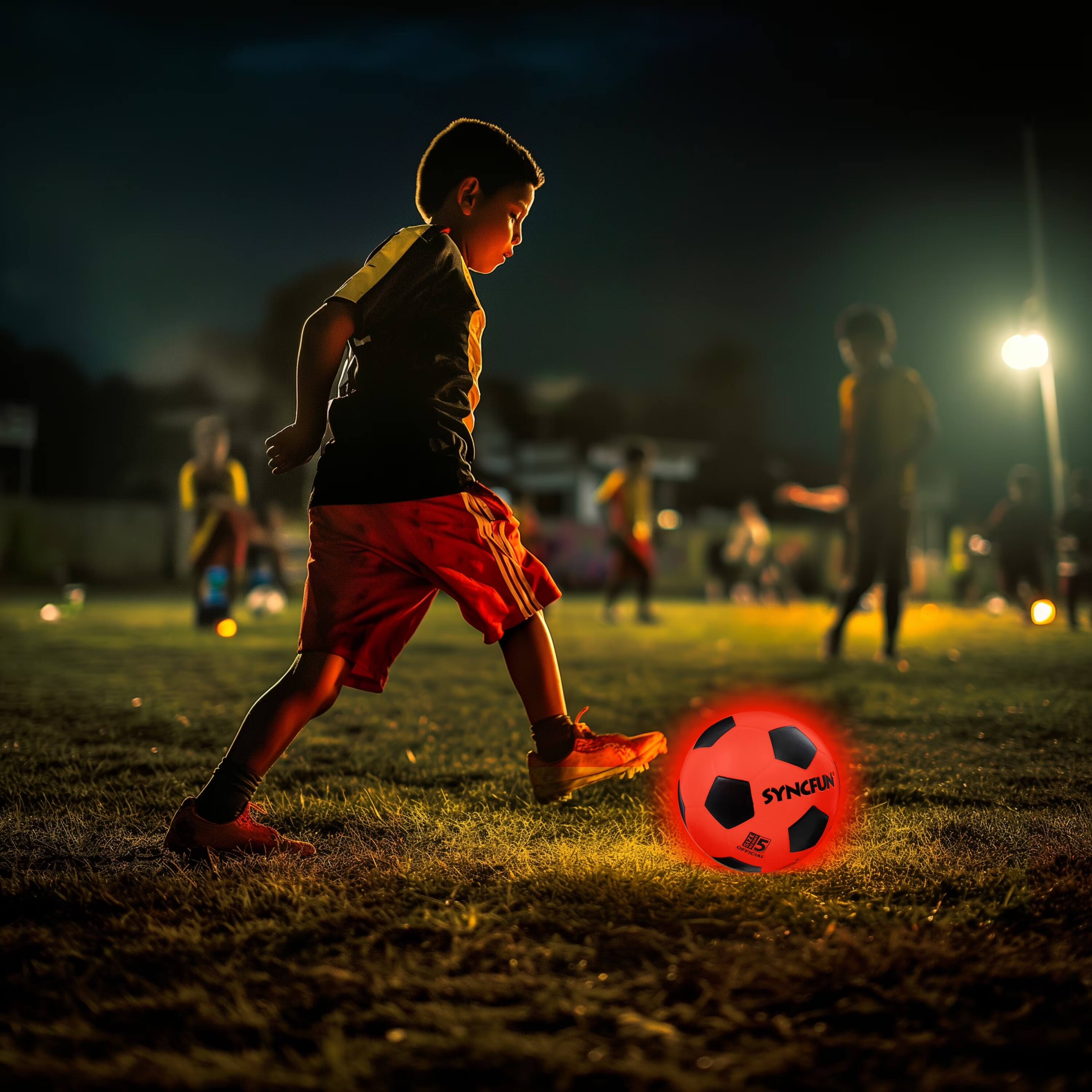 Left. Joyfy - Glow-in-the-Dark LED Soccer Ball, Official Size 5. Perfect for evening play, outdoor games, and teen boy birthday gifts - red.