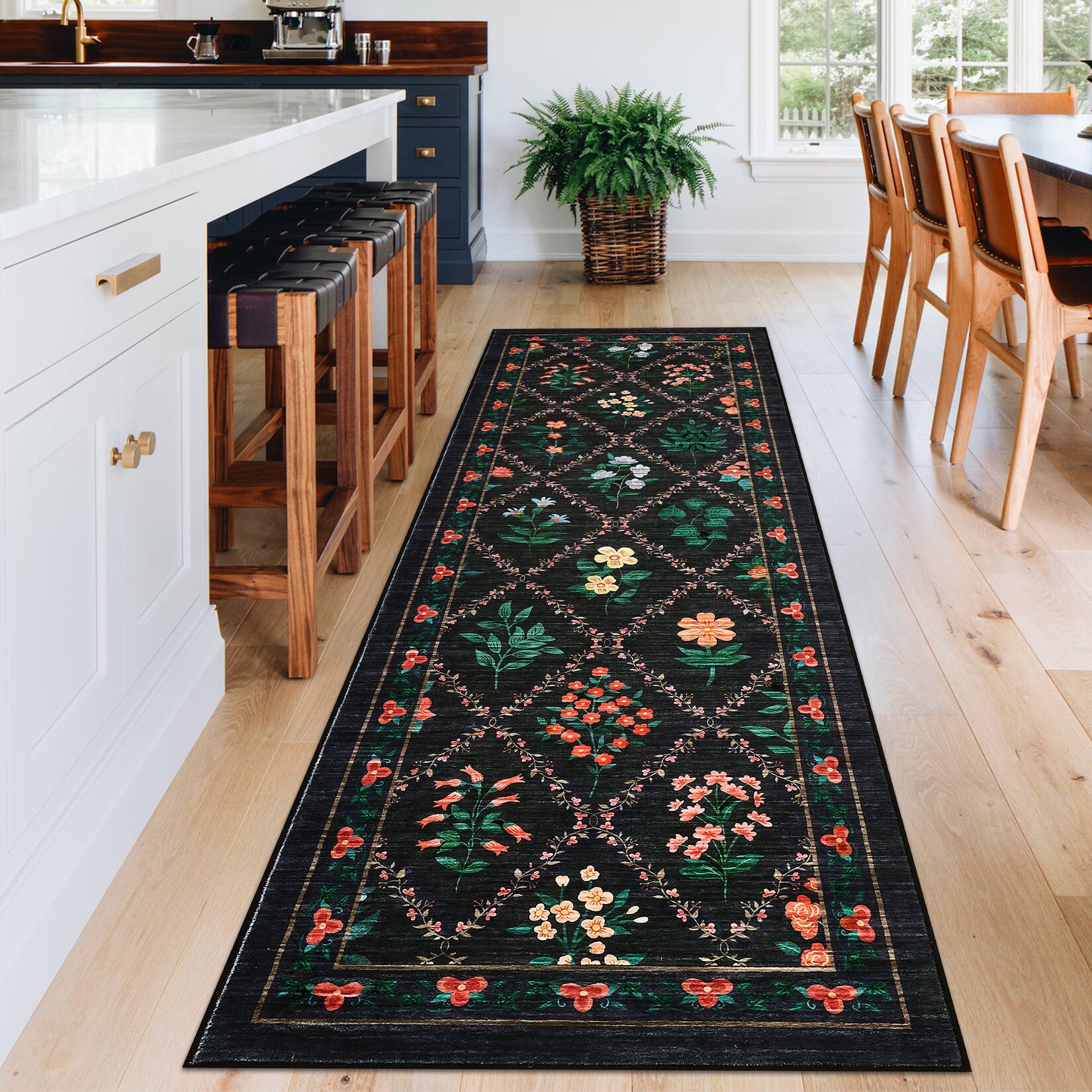 Left. Jojoka - Geometric Pastoral Flower Pattern Washable Area Rug Modern Botanical Design with Non Slip Backing Rug for Home Decor - Black.