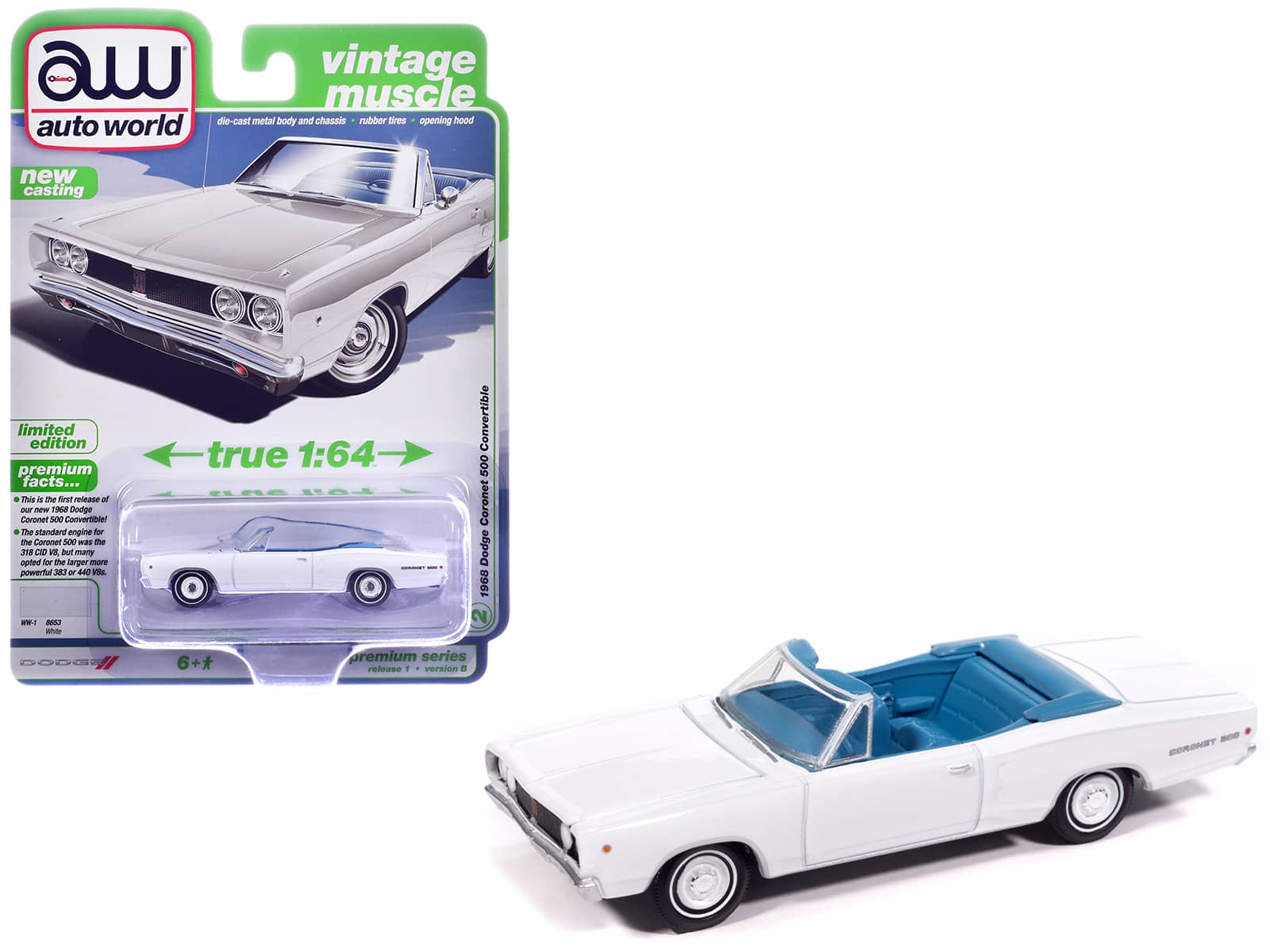 "Autoworld - 1968 Dodge Coronet 500 Convertible White with Blue Interior ""Vintage Muscle"" Series 1/64 Diecast Model Car by Auto World" price history on PriceWatchPro