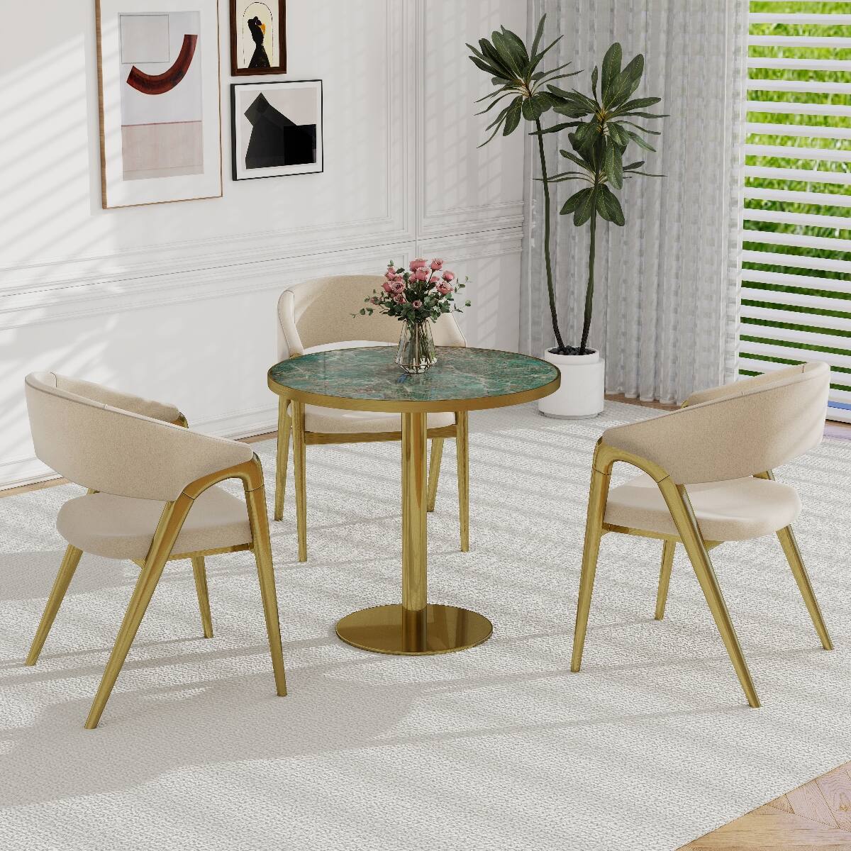 Alt View 3. Loheer - Loheer 31.5 inch Round Dining Table with Sintered Stone Tabletop and Gold Tone Base - Green and Gold.