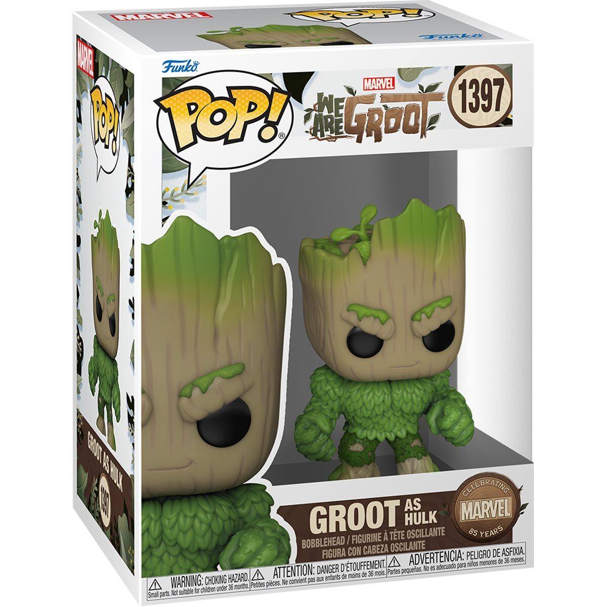 Sure, here is the corrected and grouped text from the image:

---

**Front:**

- **Funko POP!**
- **MARVEL**
- **1397**
- **WE ARE GROOT**
- **GROOT AS HULK**
- **BOBBLEHEAD / FIGURINE À TÊTE OSCILLANTE / FIGURA CON CABEZA OSCILANTE**
- **CELEBRATING 85 YEARS**
- **WARNING: CHOKING HAZARD - Small parts. Not suitable for children under 36 months.**
- **ATTENTION: PELIGRO DE ASFIXIA - Piezas pequeñas. No conviene para menores de 36 meses.**
- **ADVERTENCIA: PEQUEÑAS PIEZAS - No es adecuado para niños menores de 36 meses.**

**Side:**

- **Funko POP!**
- **MARVEL**
- **GROOT AS HULK**
- **WARNING: CHOKING HAZARD - Small parts. Not suitable for children under 36 months.**
- **ATTENTION: PELIGRO DE ASFIXIA - Piezas pequeñas. No conviene para menores de