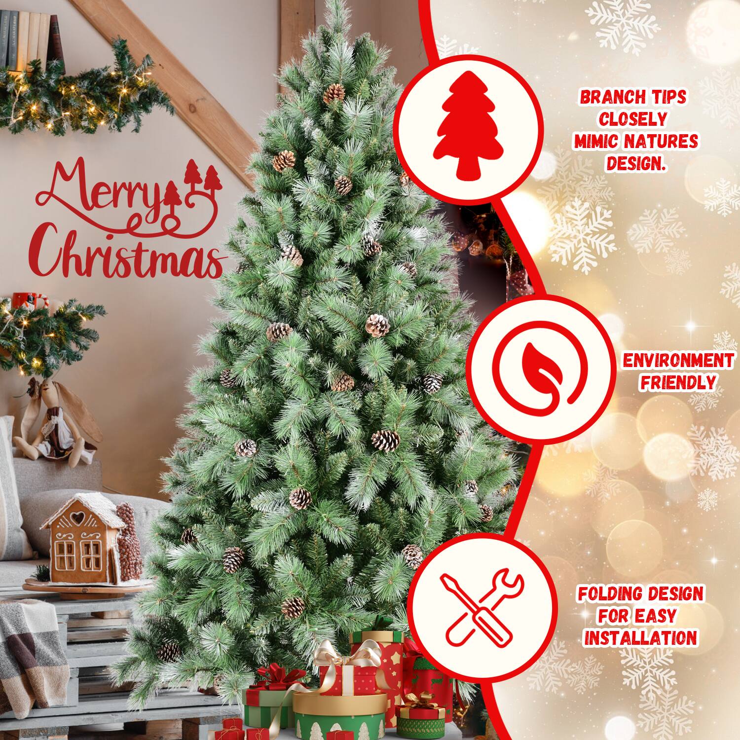 Anysun 7.5ft Realistic Full Christmas Tree with Pine Cones, Mixed PVC ...