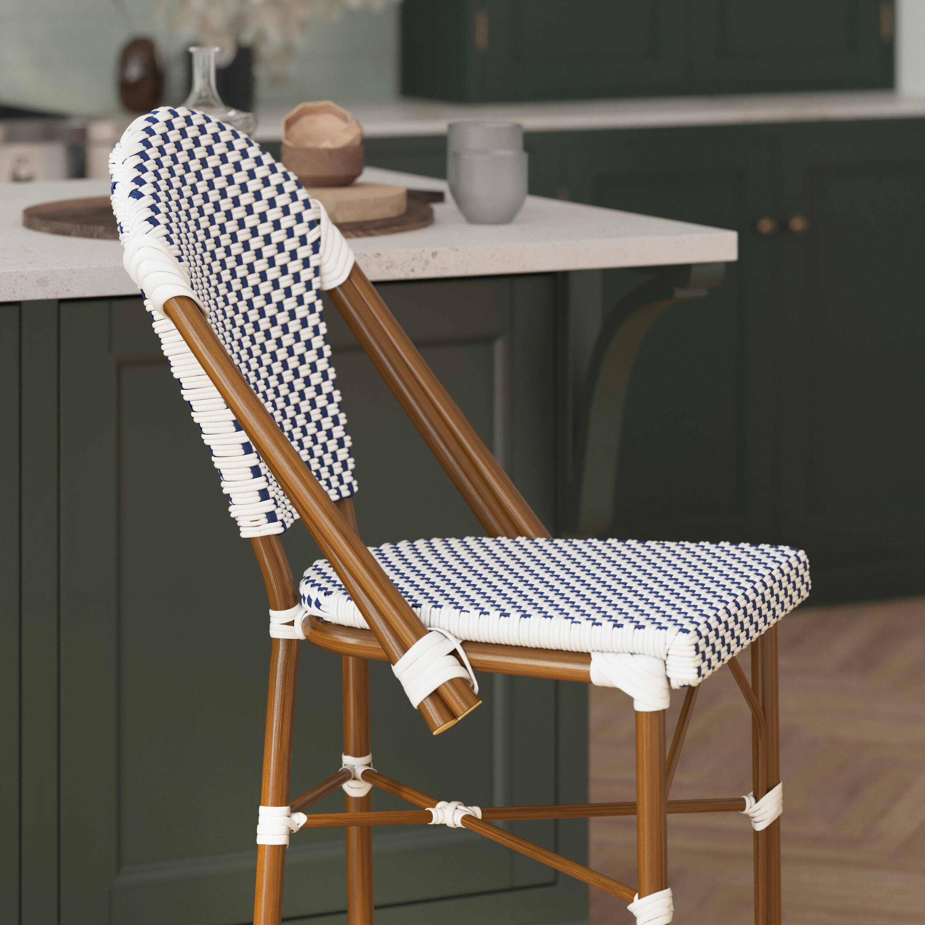 Alt View 3. Flash Furniture - Lourdes Stackable Indoor/Outdoor Bistro 26" High Counter Height Stool, Commercial Grade, White/Navy and Bamboo Finish - Blue.