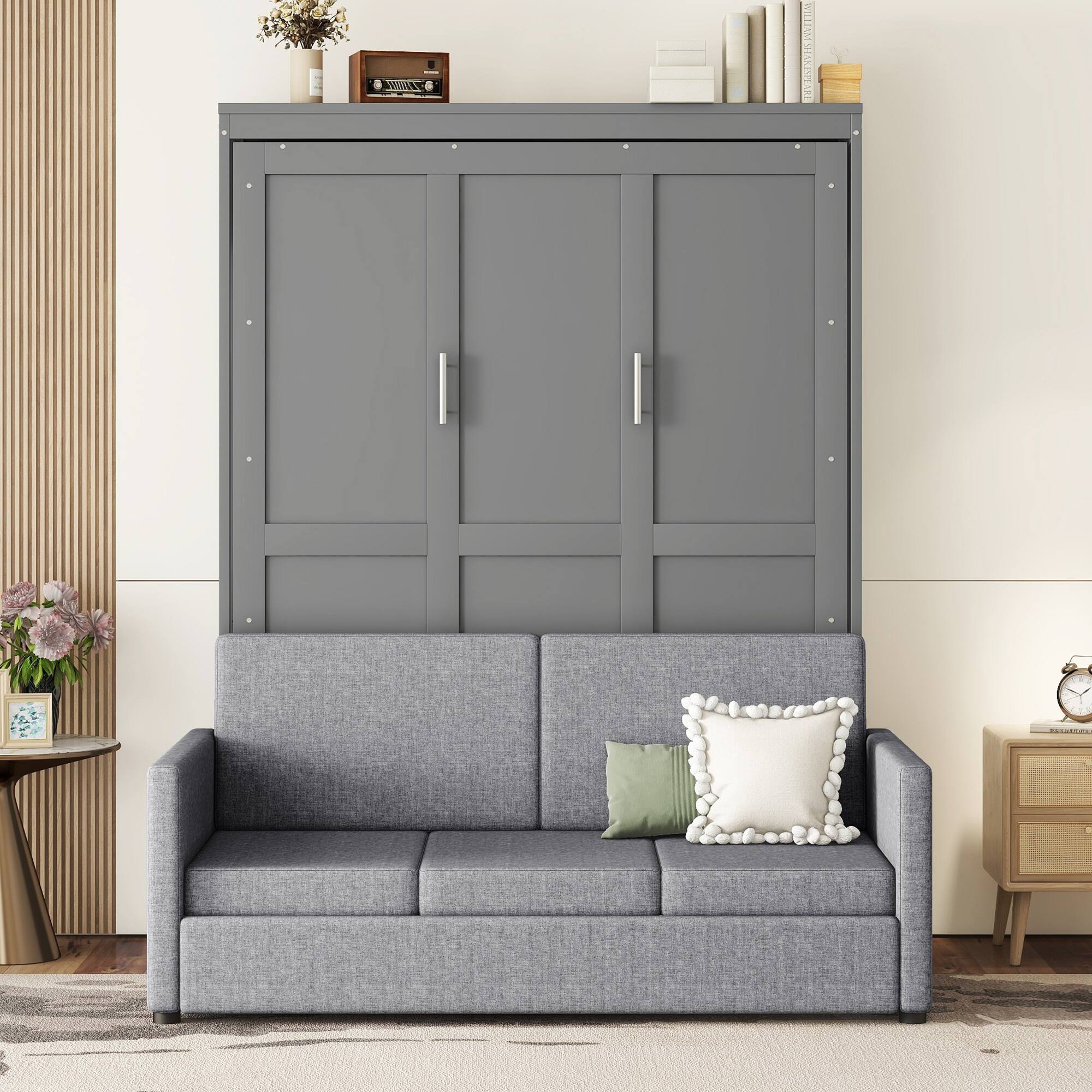 Angle. Tiramisubest - Queen Size Murphy Wall Bed, Gray, MDF+LVL, 67x87x88 inch, 226 lbs, Sofa & Storage - Gray.