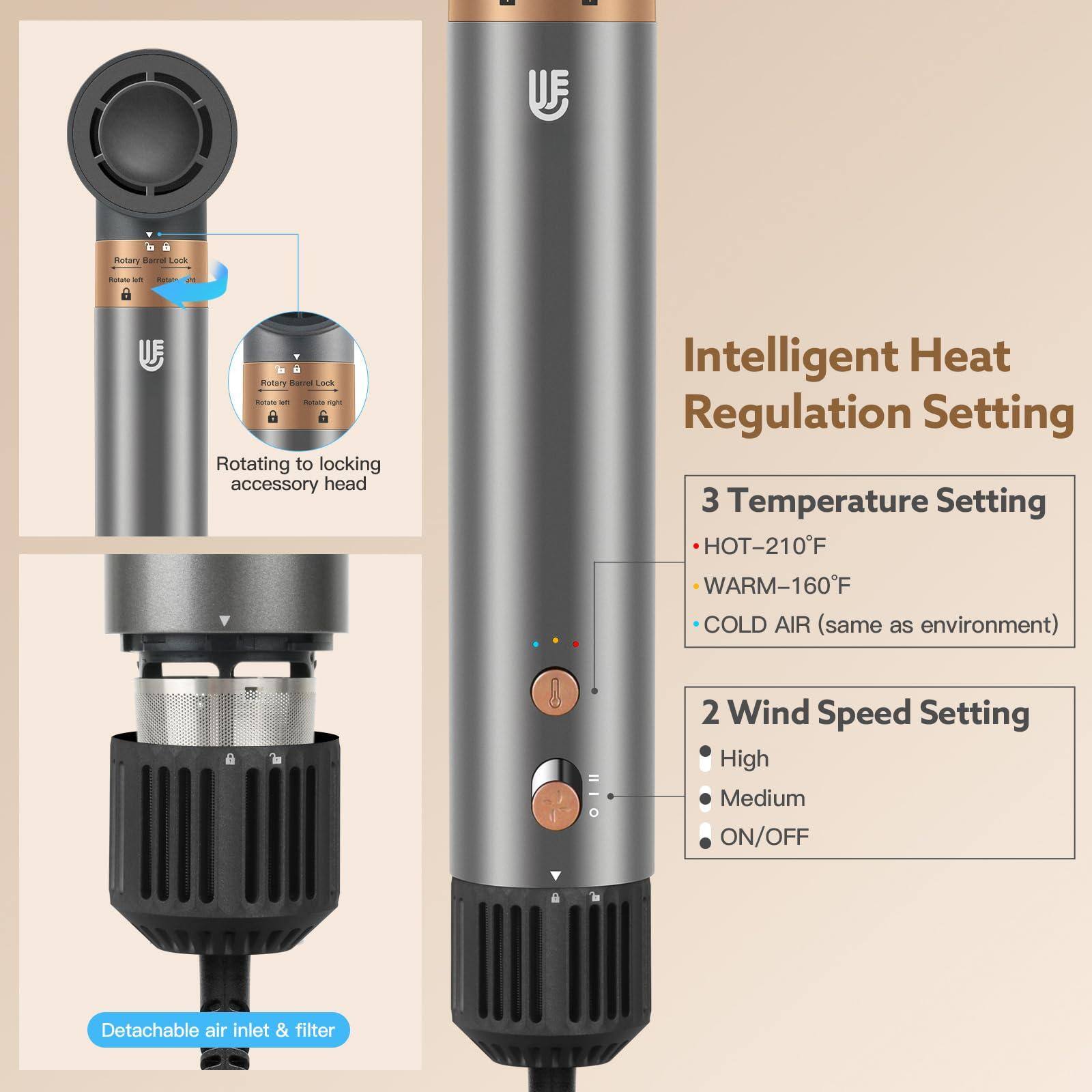 - UF Potary arel ore
- UF Potary satre ore
- R mne a Rotating to locking accessory head
- Intelligent Heat Regulation Setting
- 3 Temperature Setting
  - HOT - 210°F
  - WARM - 160°F
  - COLD AIR (same as environment)
- 2 Wind Speed Setting
  - High
  - Medium
  - ON/OFF
- Detachable air inlet & filter