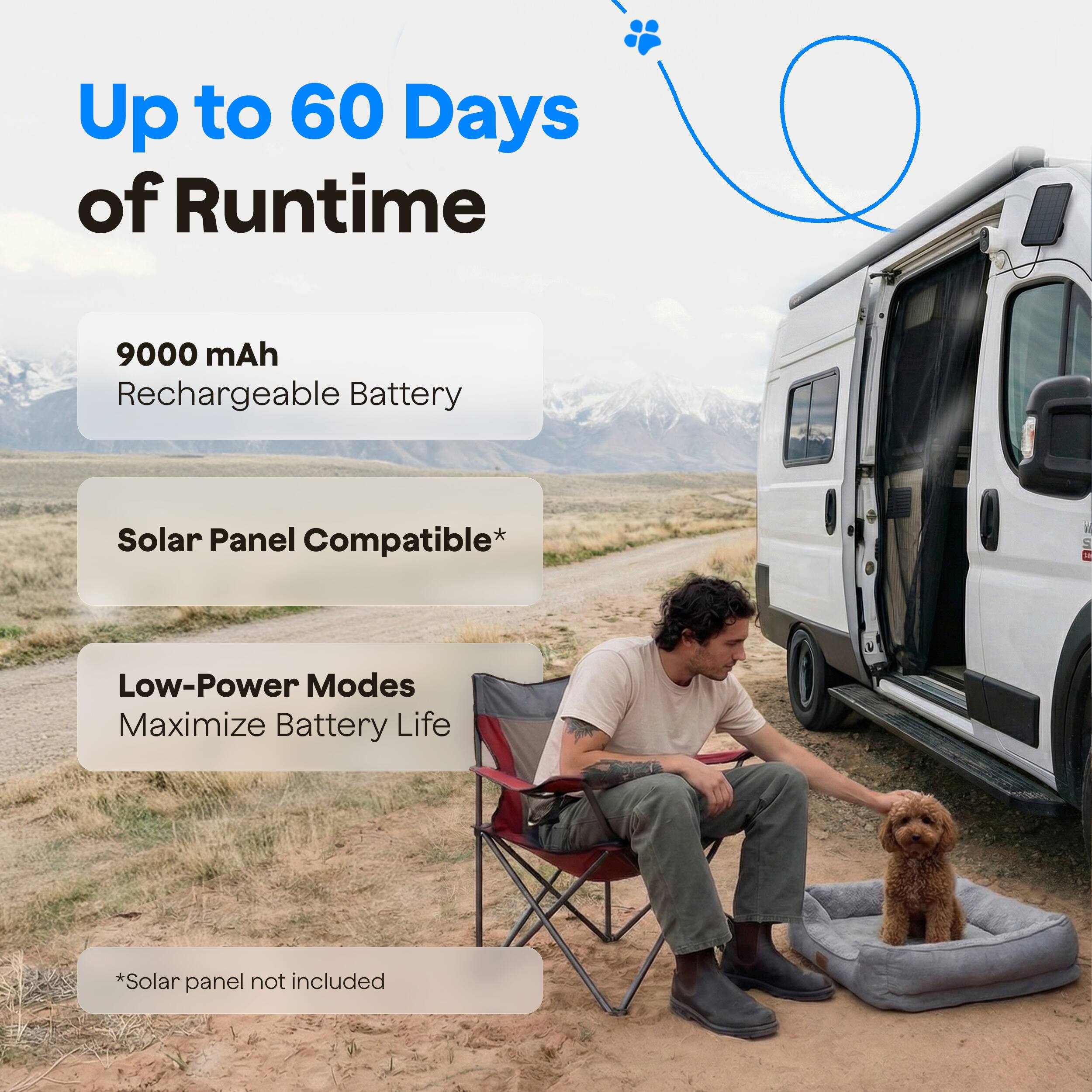 Up to 60 Days of Runtime

9000 mAh Rechargeable Battery

Solar Panel Compatible*

Low-Power Modes Maximize Battery Life

*Solar panel not included