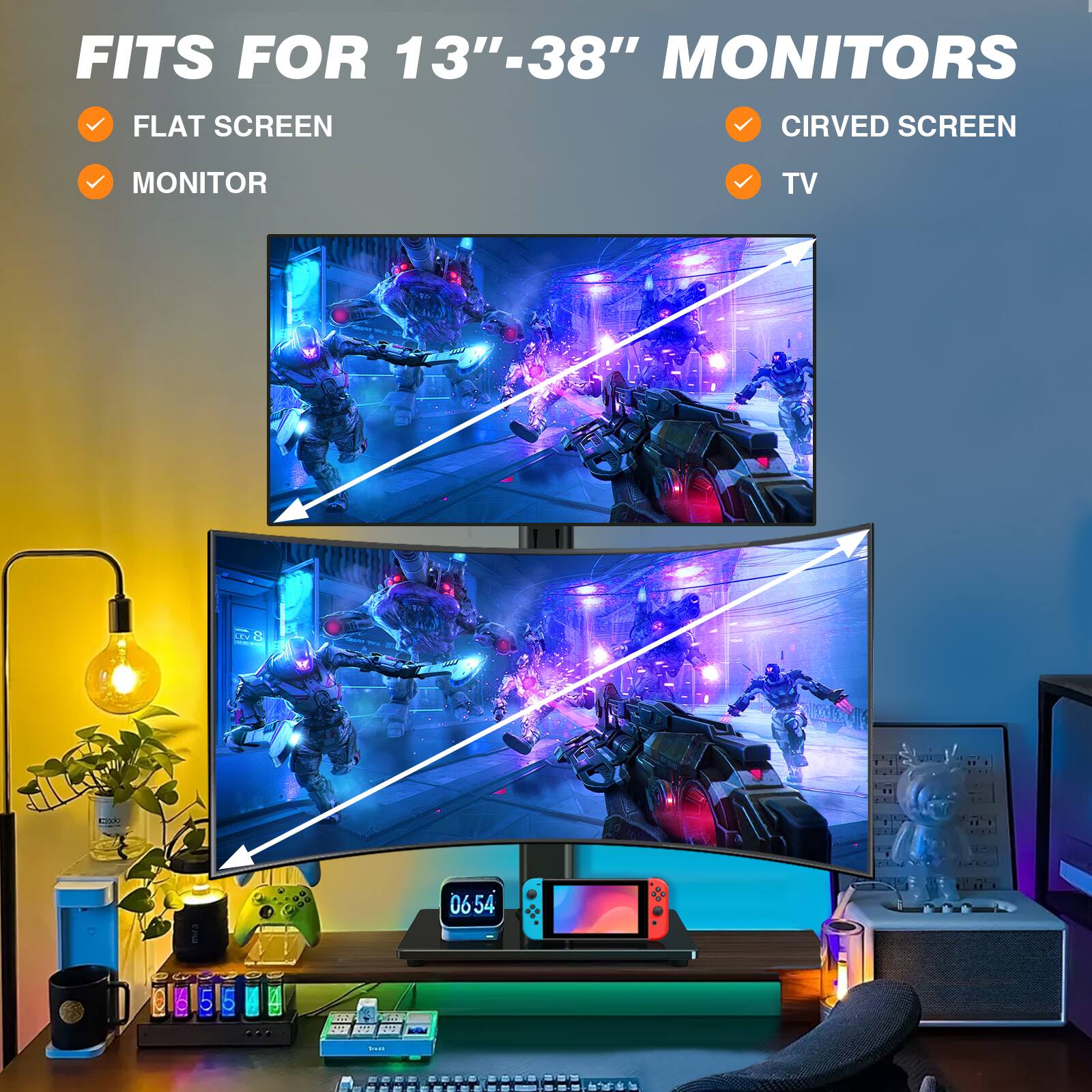 FITS FOR 13"-38" MONITORS

- FLAT SCREEN
- MONITOR
- CIRVED SCREEN
- TV

06:54