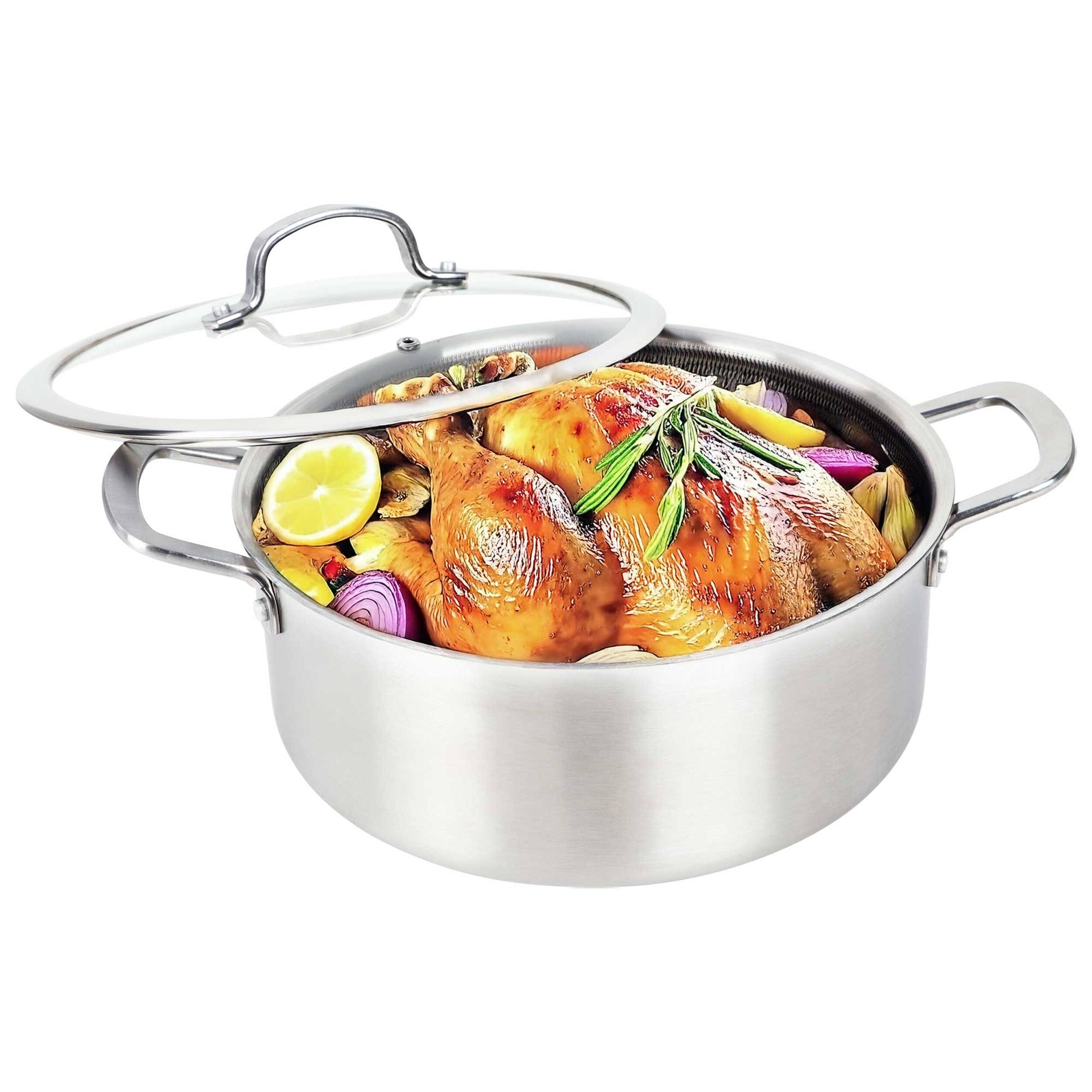 Angle. Brentwood - Brentwood 6 Quart 3-Ply Hybrid Non-Stick Stainless Steel Dutch Oven with Tempered Glass Lid - Silver.